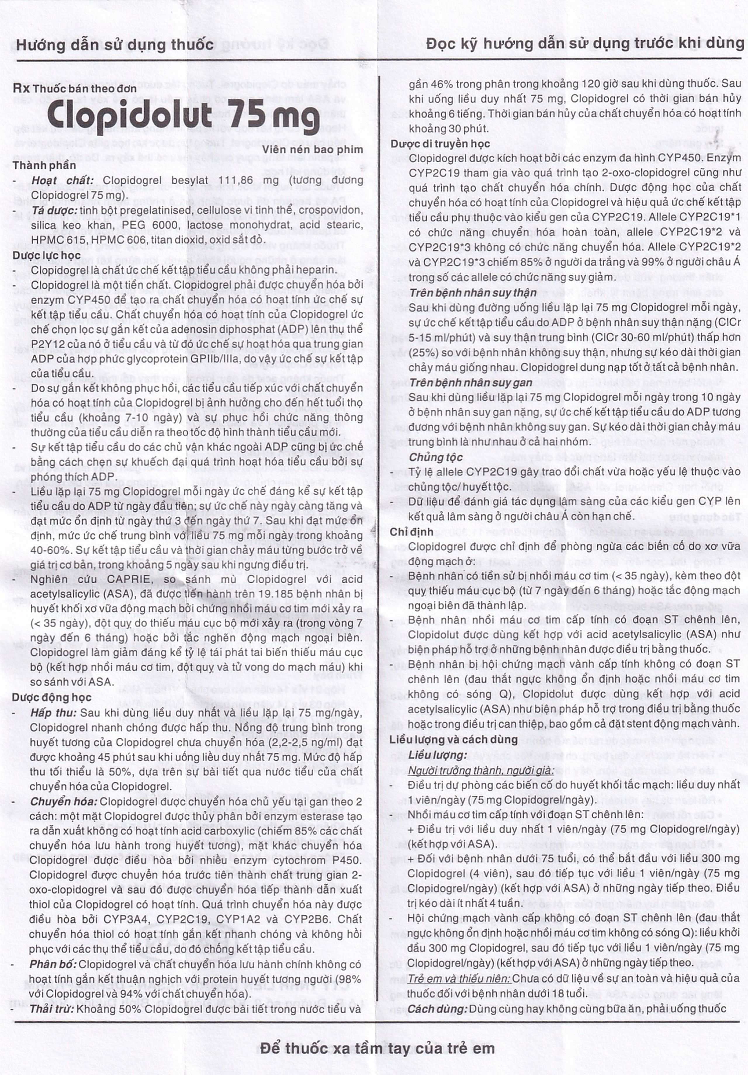 Thuốc Clopidolut 75mg Hasan phòng ngừa các biến cố do xơ vữa động mạch (3 vỉ x 14 viên)