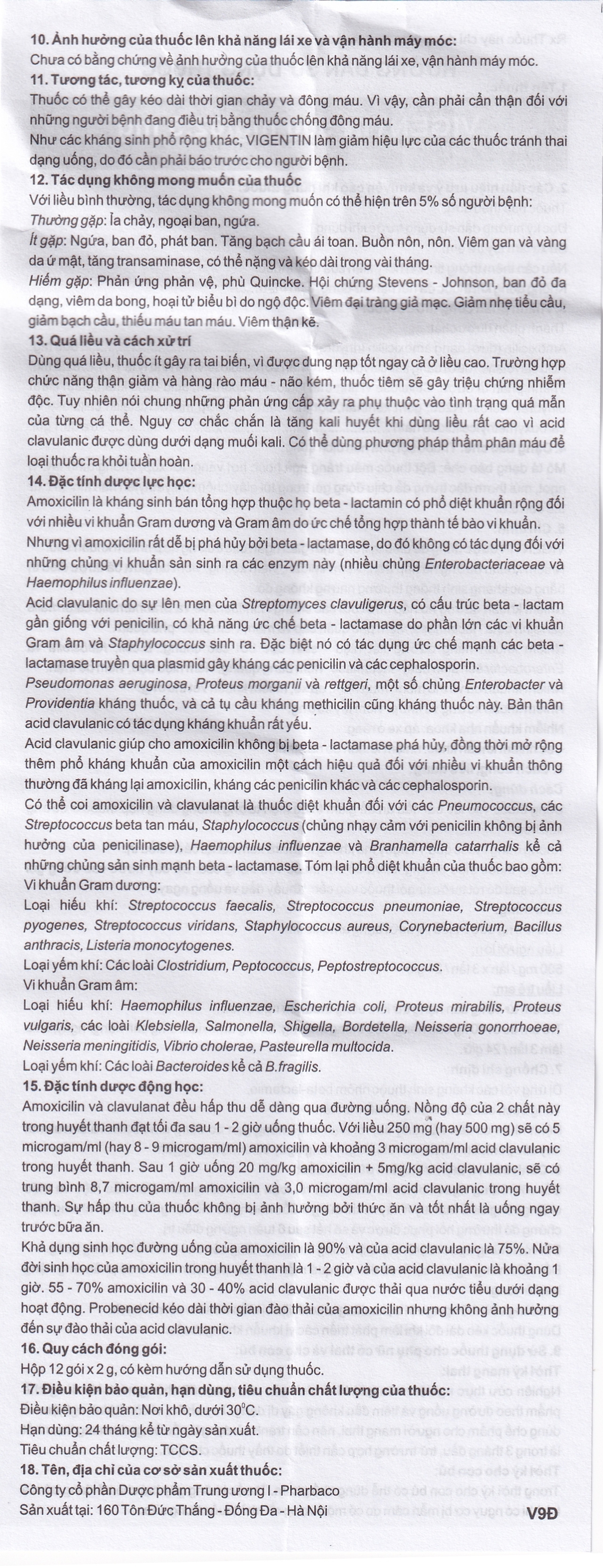 Thuốc bột pha hỗn dịch uống Vigentin 500mg/62,5mg Pharbaco điều trị các chứng nhiễm khuẩn (12 gói x 2g)