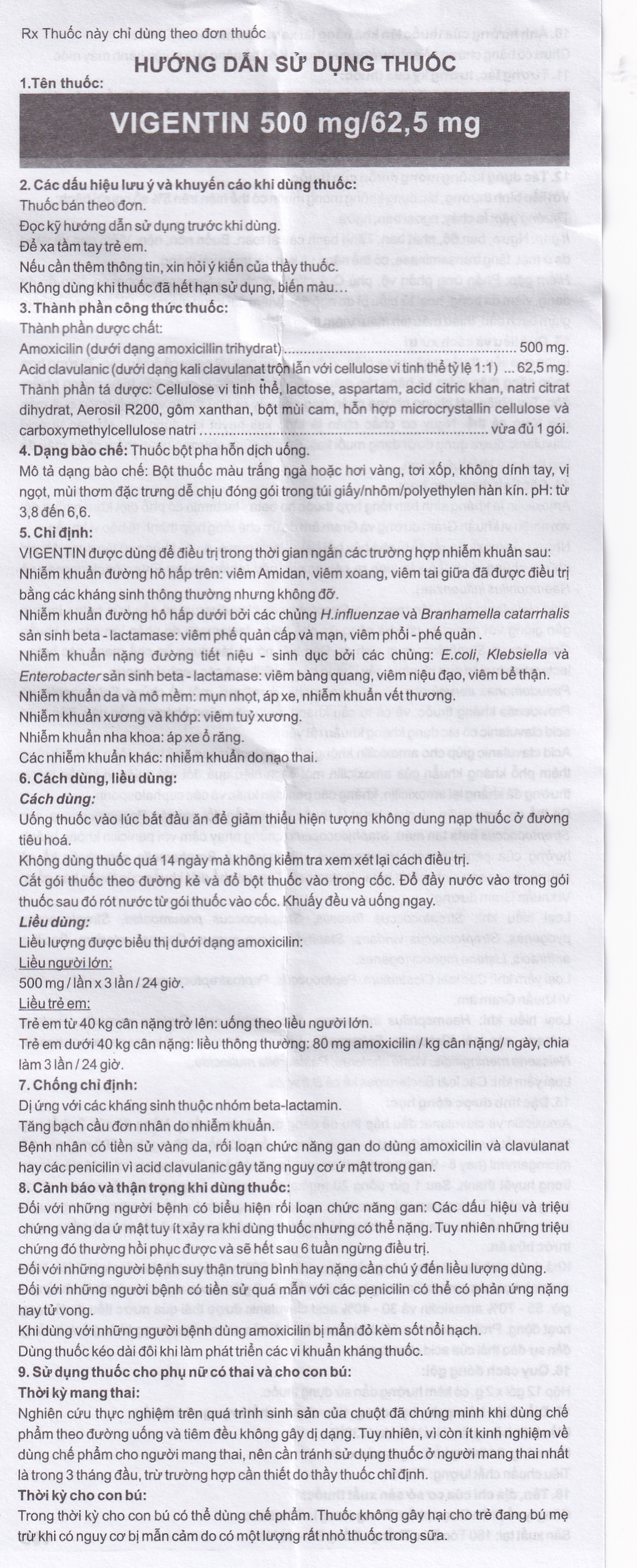 Thuốc bột pha hỗn dịch uống Vigentin 500mg/62,5mg Pharbaco điều trị các chứng nhiễm khuẩn (12 gói x 2g)