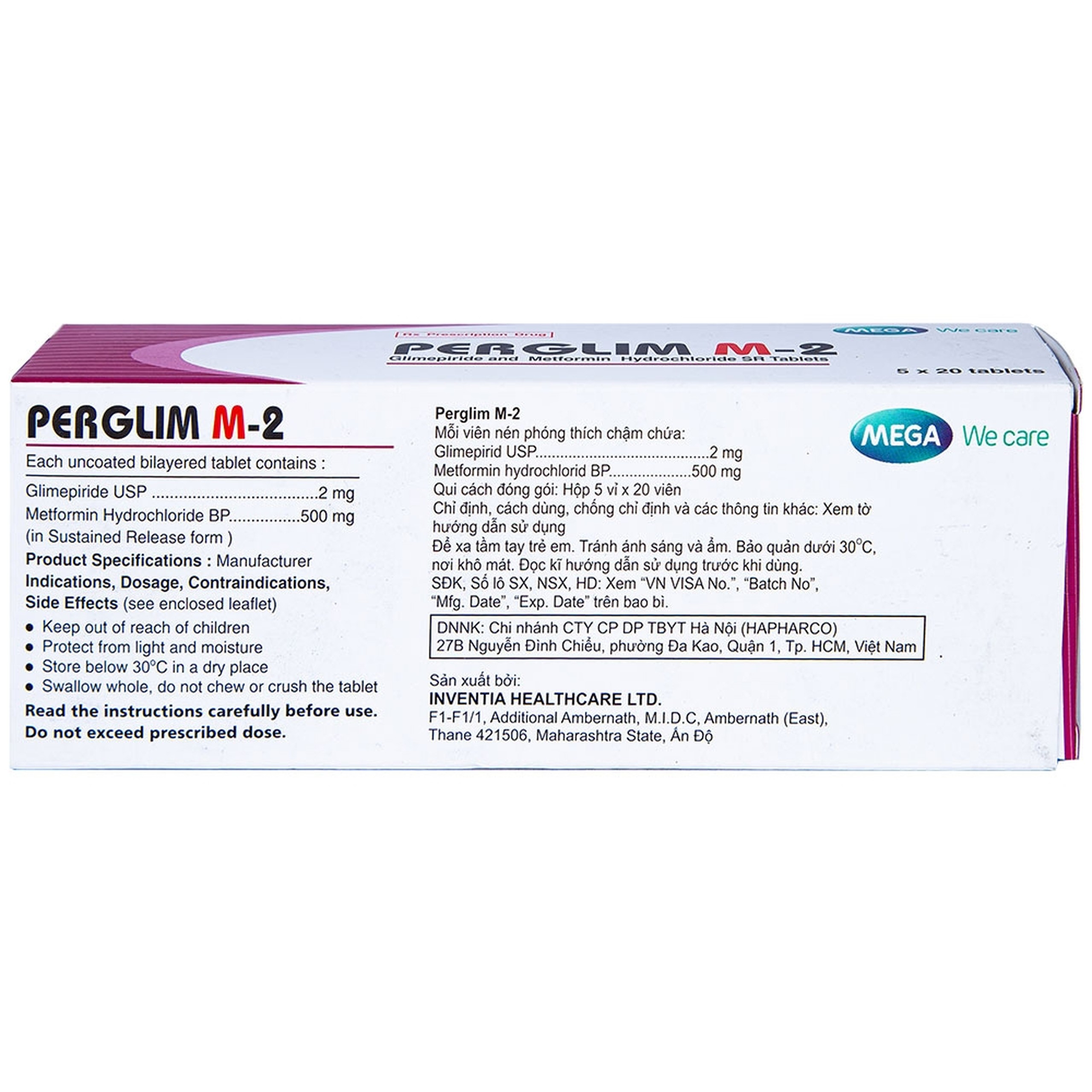 Viên nén Perglim M-2 Mega We Care điều trị bệnh đái tháo đường típ 2 (5 vỉ x 20 viên)