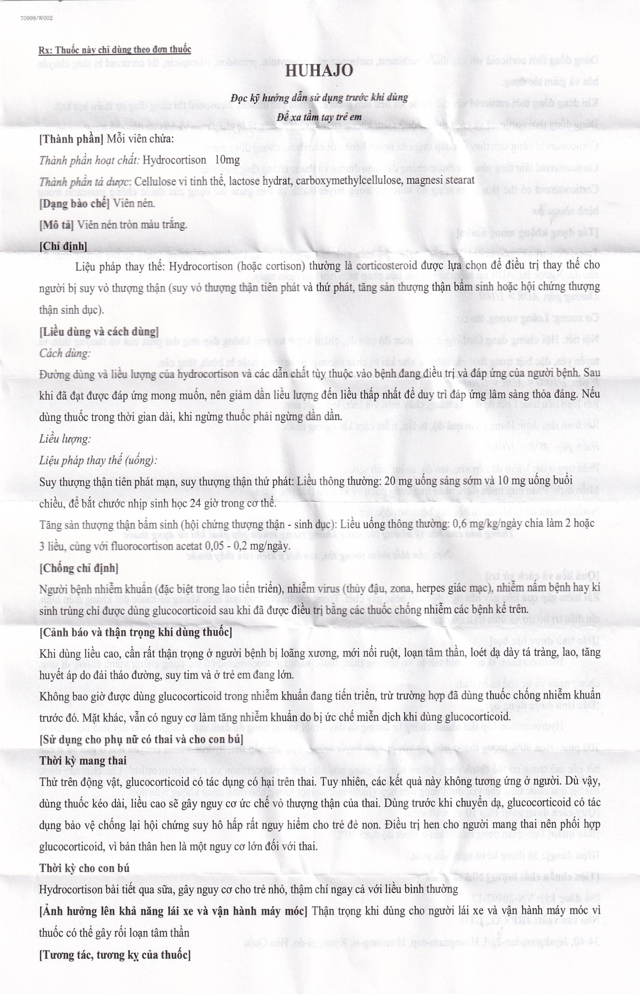 Thuốc Huhajo Tab 10mg JRP điều trị thay thế cho người bị suy vỏ thượng thận (10 vỉ x 10 viên)