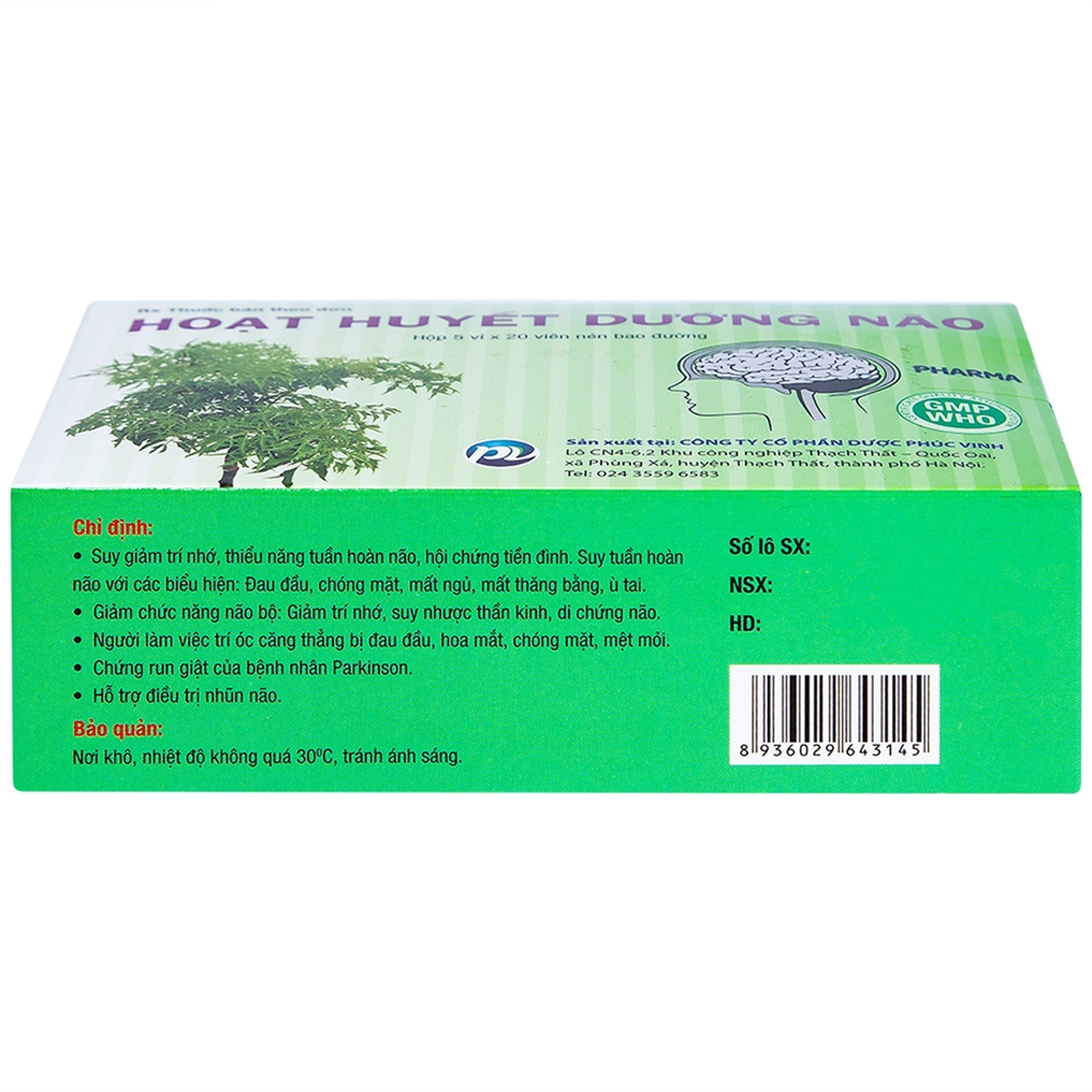 Thuốc Hoạt Huyết Dưỡng Não Phúc Vinh điều trị suy giảm trí nhớ, thiểu năng tuần hoàn não (5 vỉ x 20 viên)