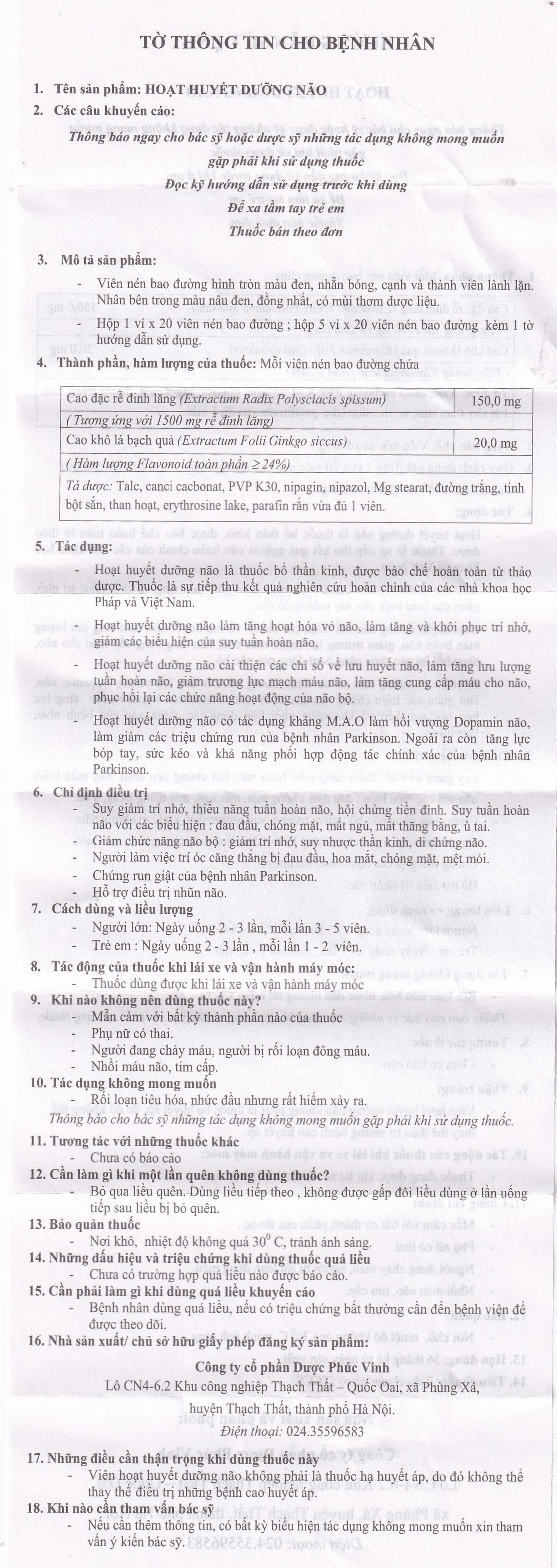 Thuốc Hoạt Huyết Dưỡng Não Phúc Vinh điều trị suy giảm trí nhớ, thiểu năng tuần hoàn não (5 vỉ x 20 viên)