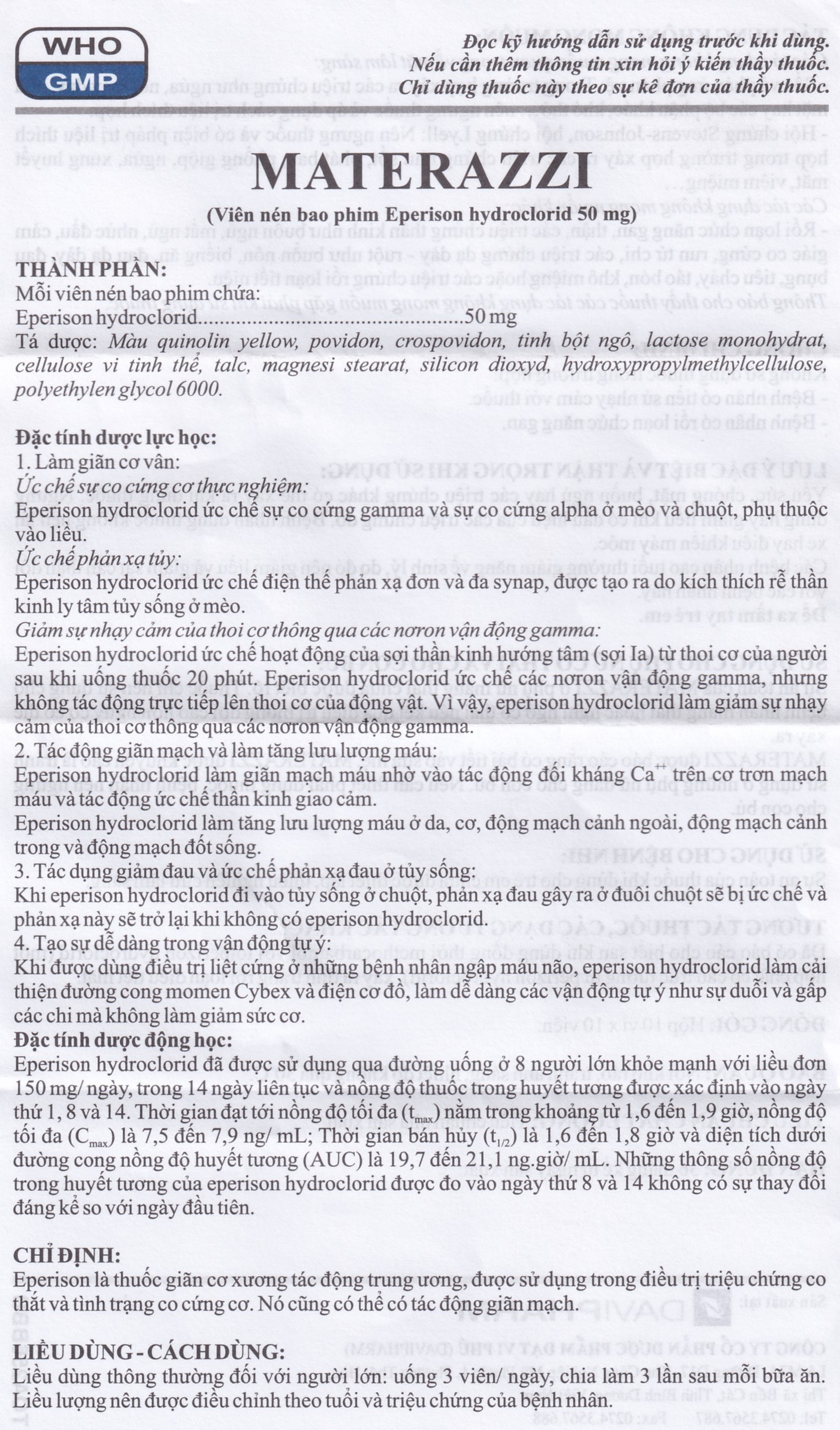 Viên nén Materazzi 50mg DaviPharm giãn cơ xương, điều trị chứng co thắt, co cứng cơ (10 vỉ x 10 viên)