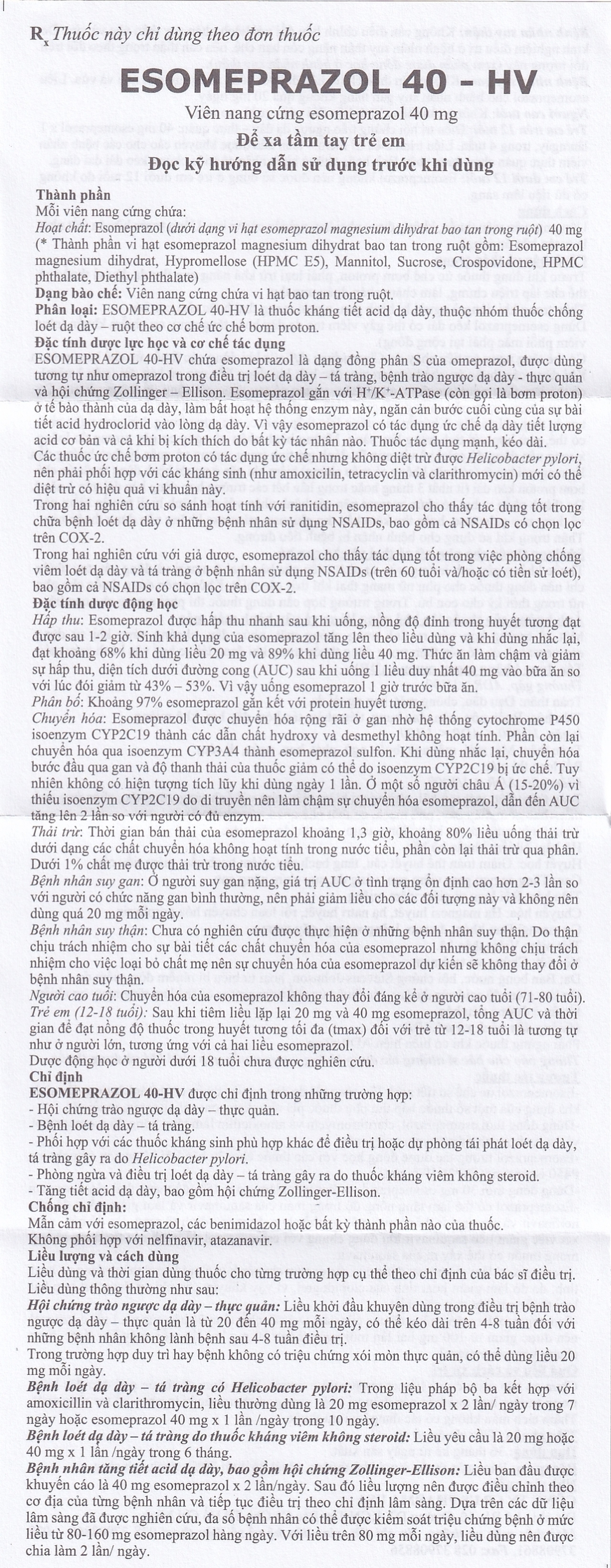 Thuốc Esomeprazol 40-HV điều trị trào ngược dạ dày, thực quản (3 vỉ x 10 viên)
