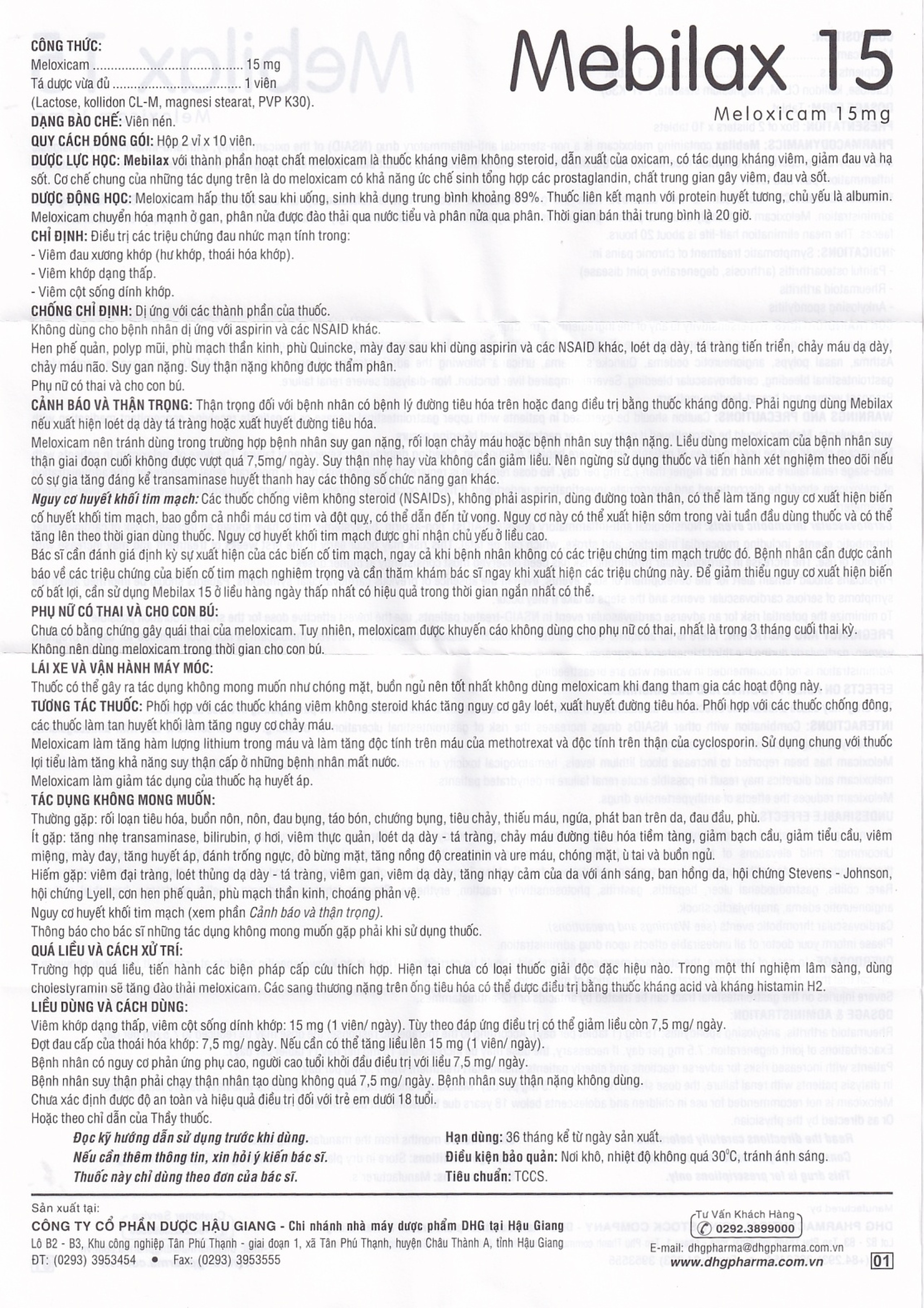 Thuốc Mebilax 15 DHG điều trị viêm đau cơ xương khớp (2 vỉ x 10 viên) 