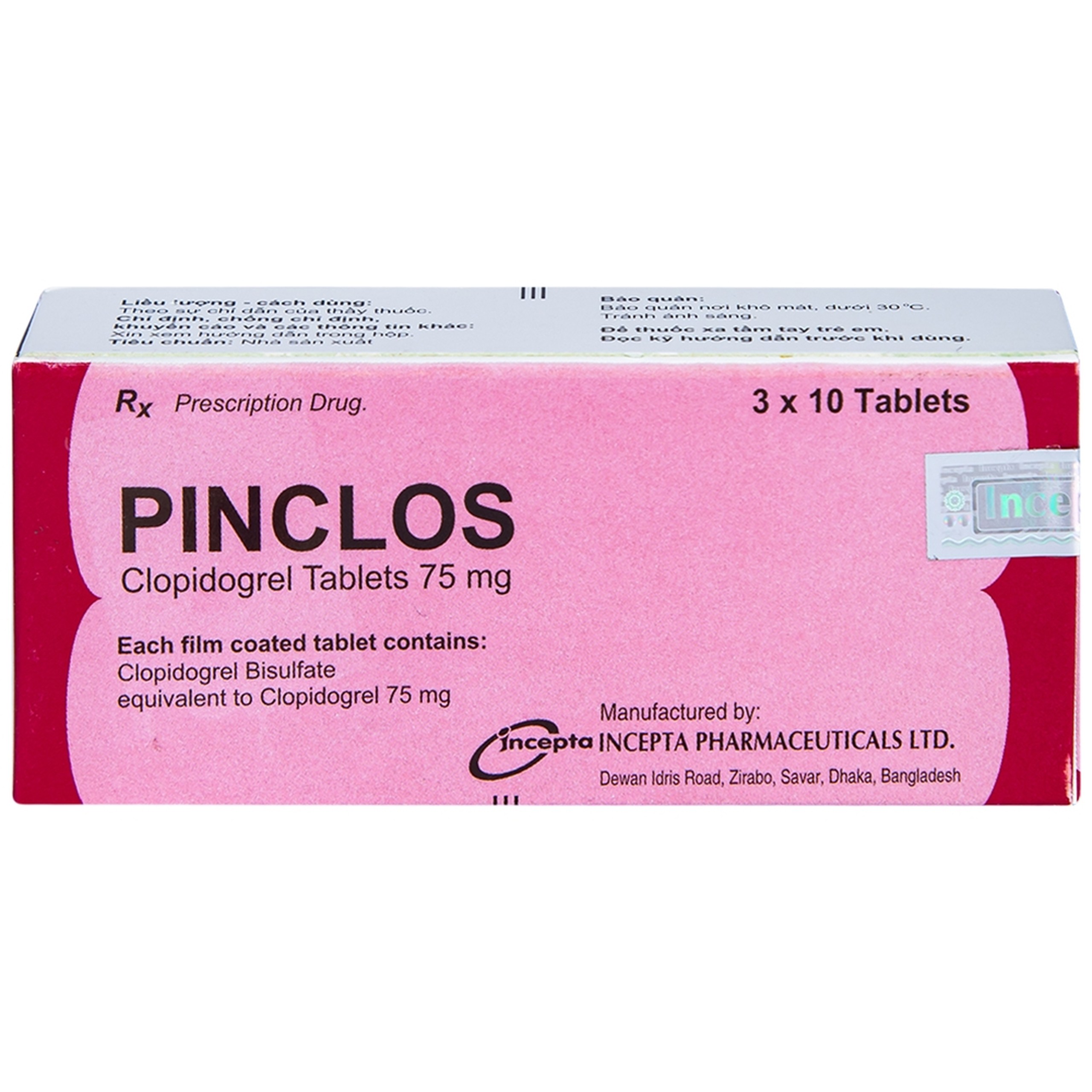 Viên nén Pinclos 75mg Incepta giảm các biến cố do xơ vữa động mạch, nhồi máu cơ tim (3 vỉ x 10 viên)