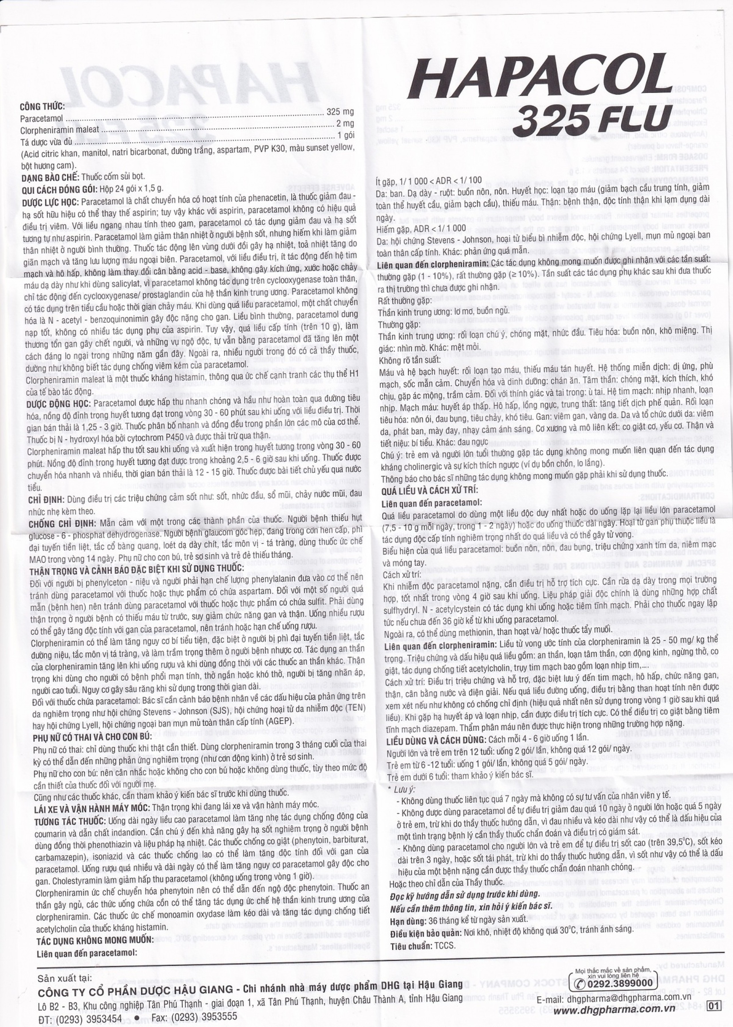 Cốm Hapacol 325 Flu DHG điều trị đau đầu, đau nửa đầu, đau răng (24 gói)