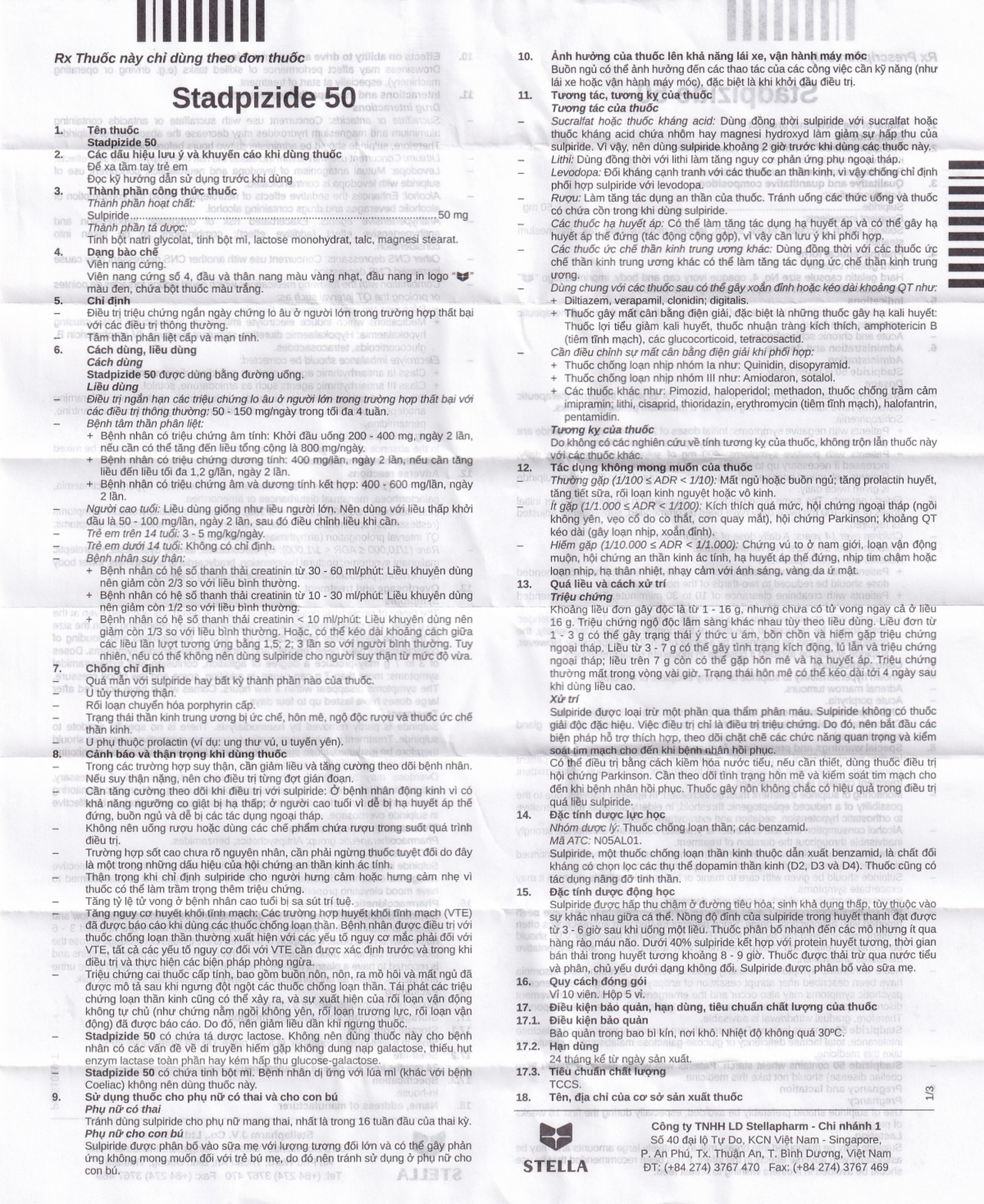 Thuốc Stadpizide 50 Stella điều trị triệu chứng ngắn ngày lo âu, tâm thần phân liệt (5 vỉ x 10 viên) 