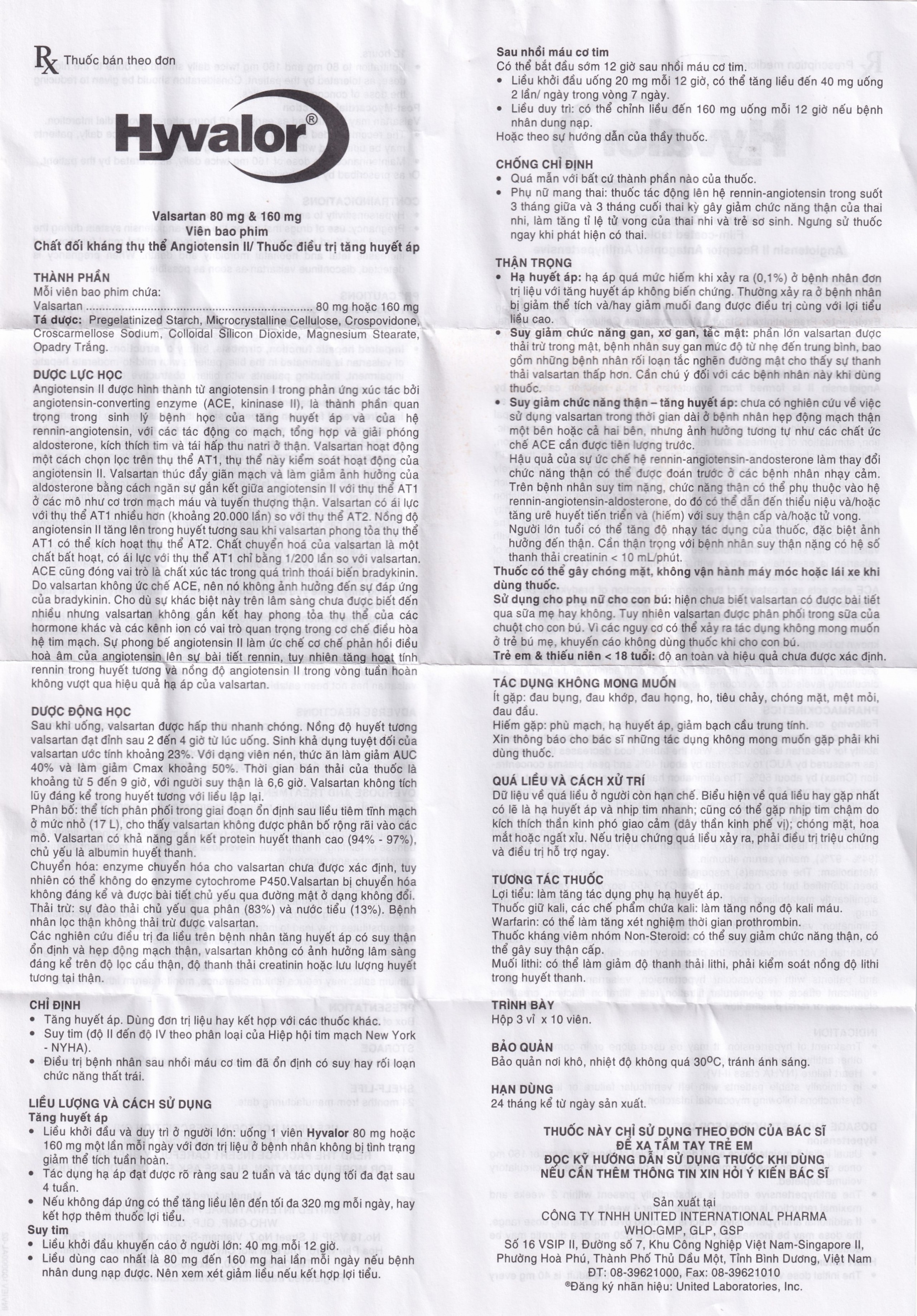 Thuốc Hyvalor 80mg United điều trị tăng huyết áp, suy tim (3 vỉ x 10 viên)