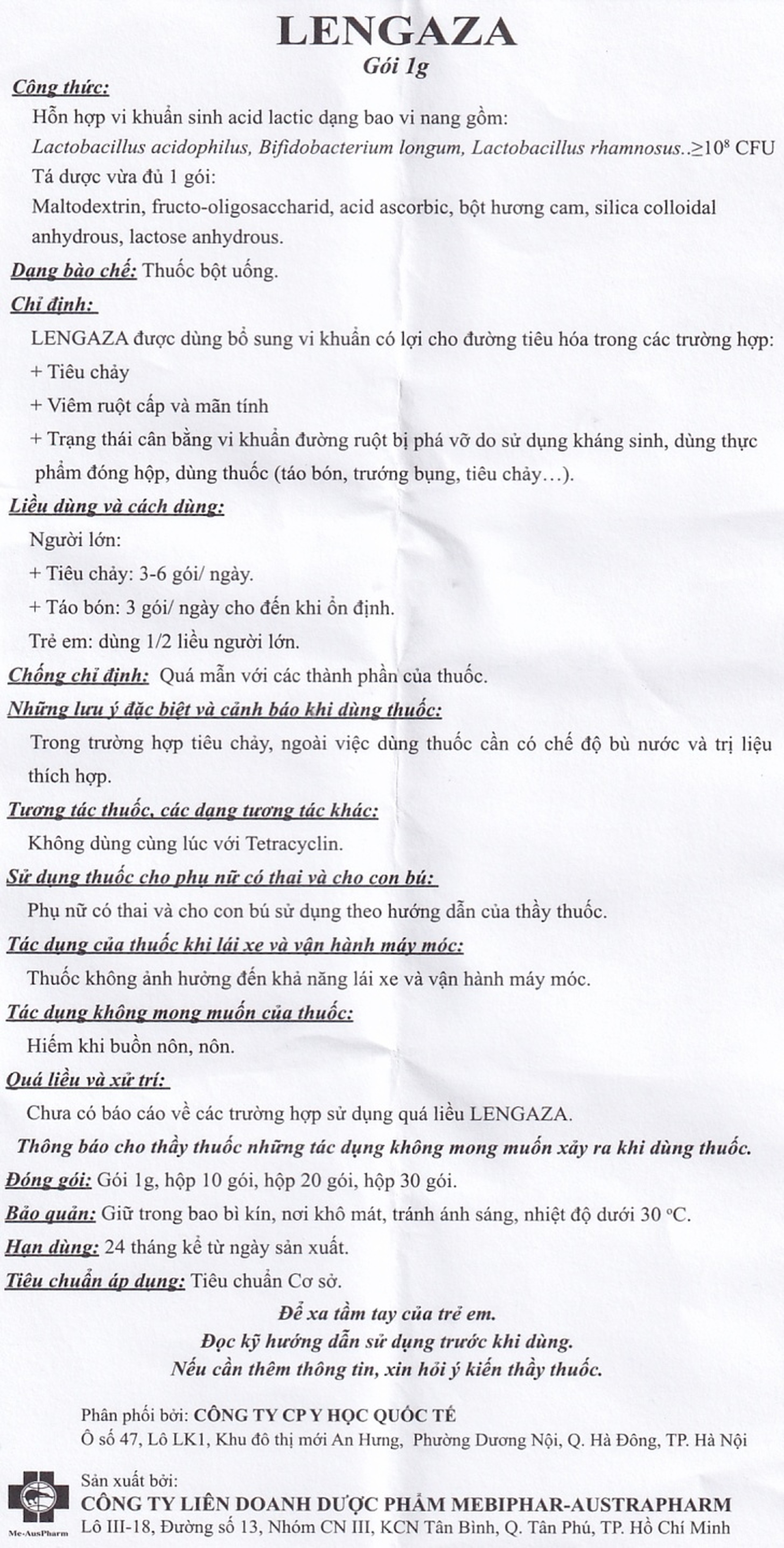 Thuốc Lengaza 1g Mebiphar điều trị các bệnh lý đường tiêu hóa, tiêu chảy, táo bón (30 gói)