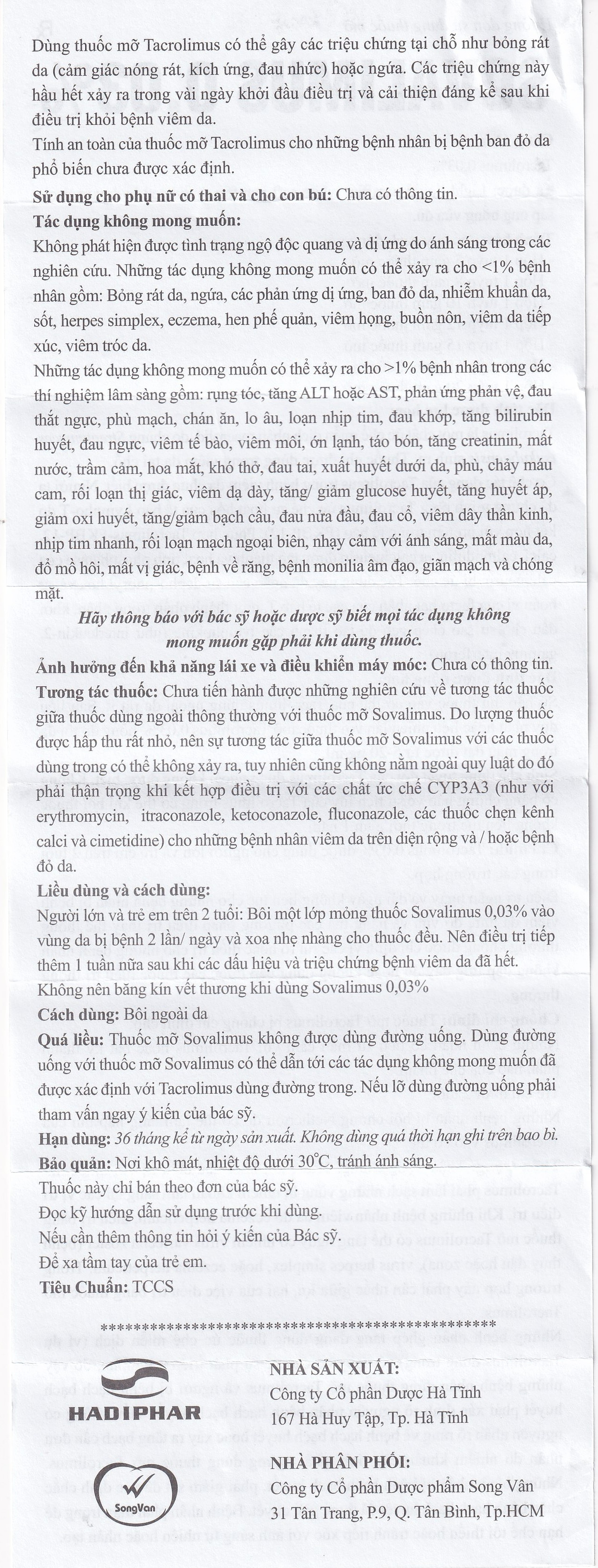 Thuốc mỡ Sovalimus 0.03% Hadiphar điều trị viêm da (10g)