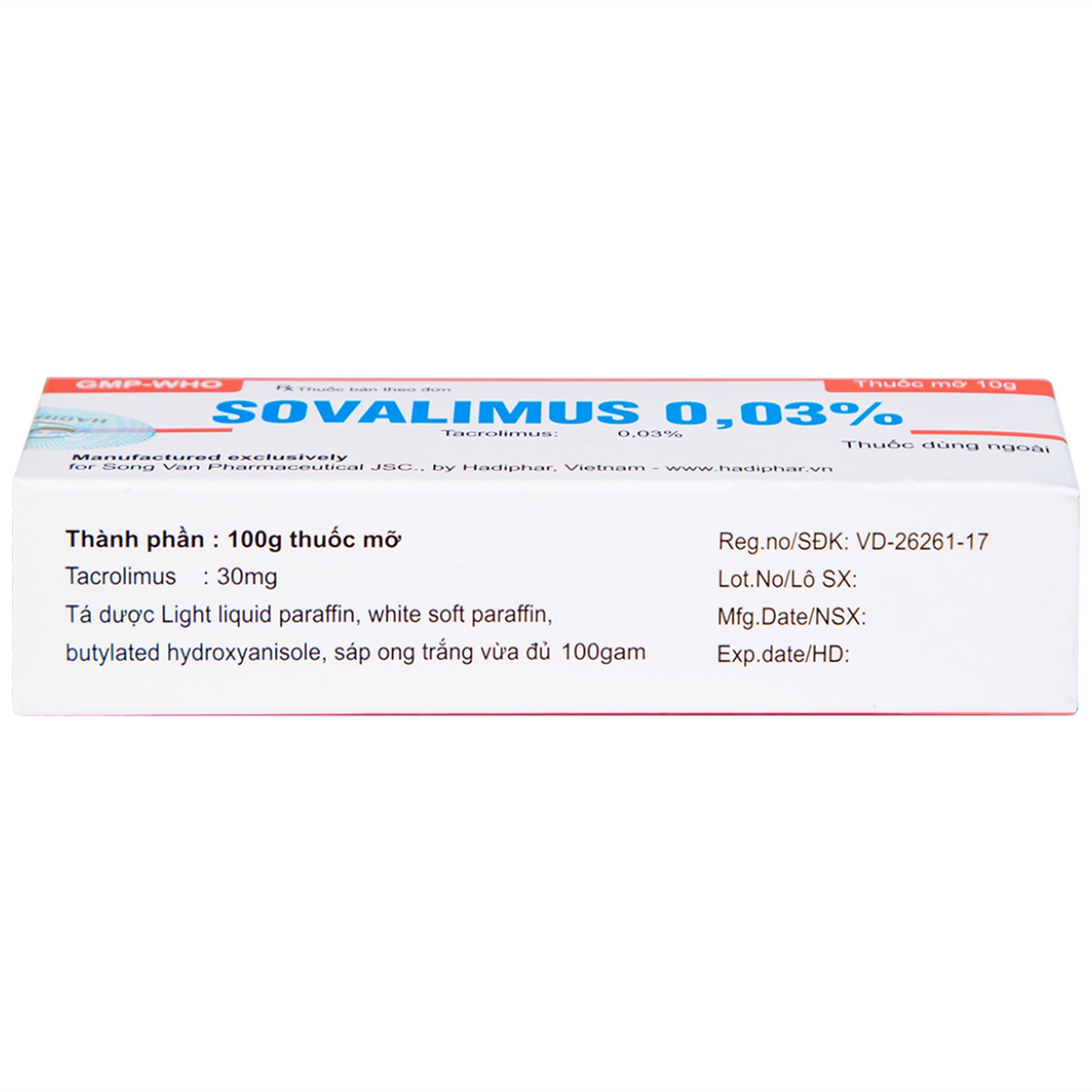 Thuốc mỡ Sovalimus 0.03% Hadiphar điều trị viêm da (10g)
