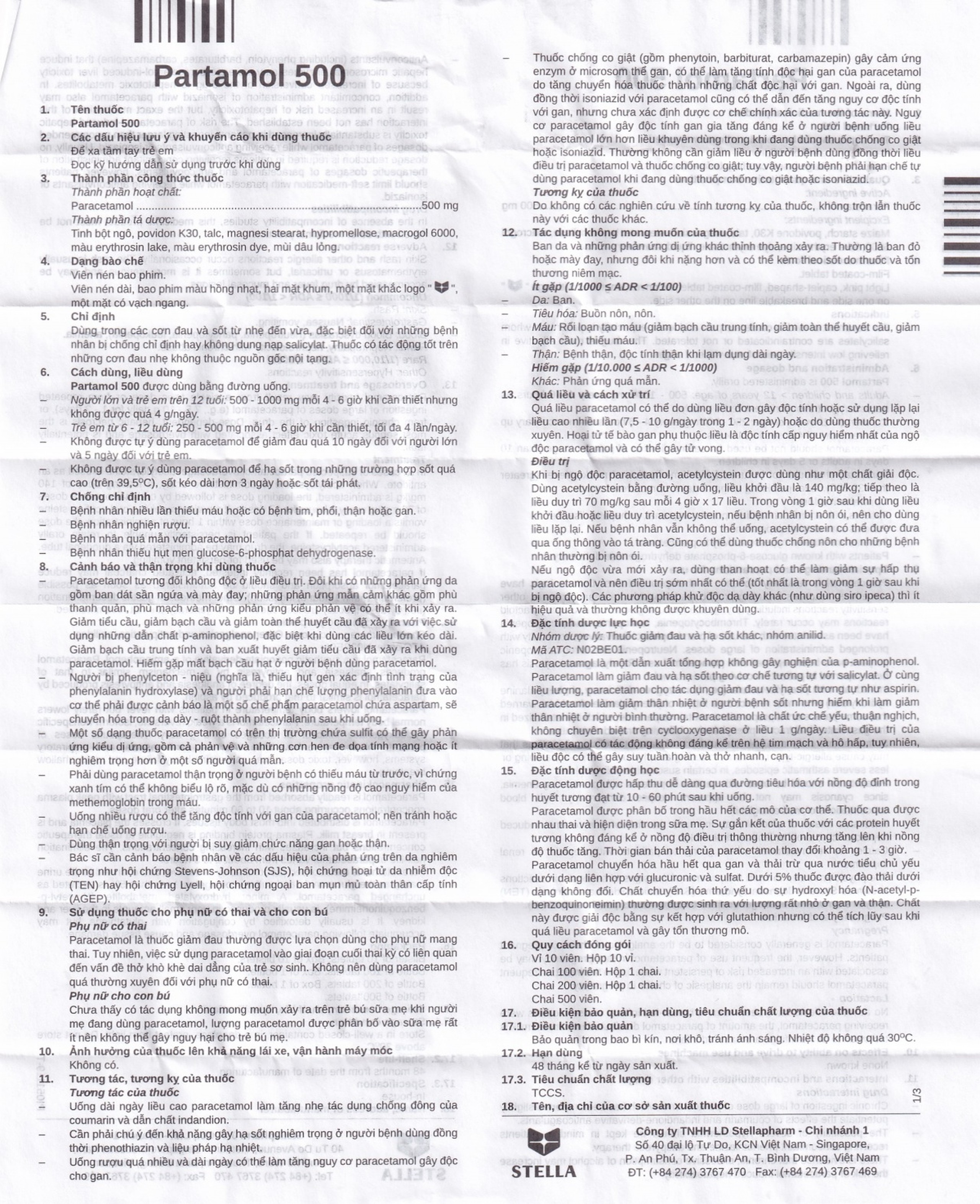 Thuốc Partamol 500 Stella điều trị các cơn đau và sốt từ nhẹ đến vừa (10 vỉ x 10 viên)