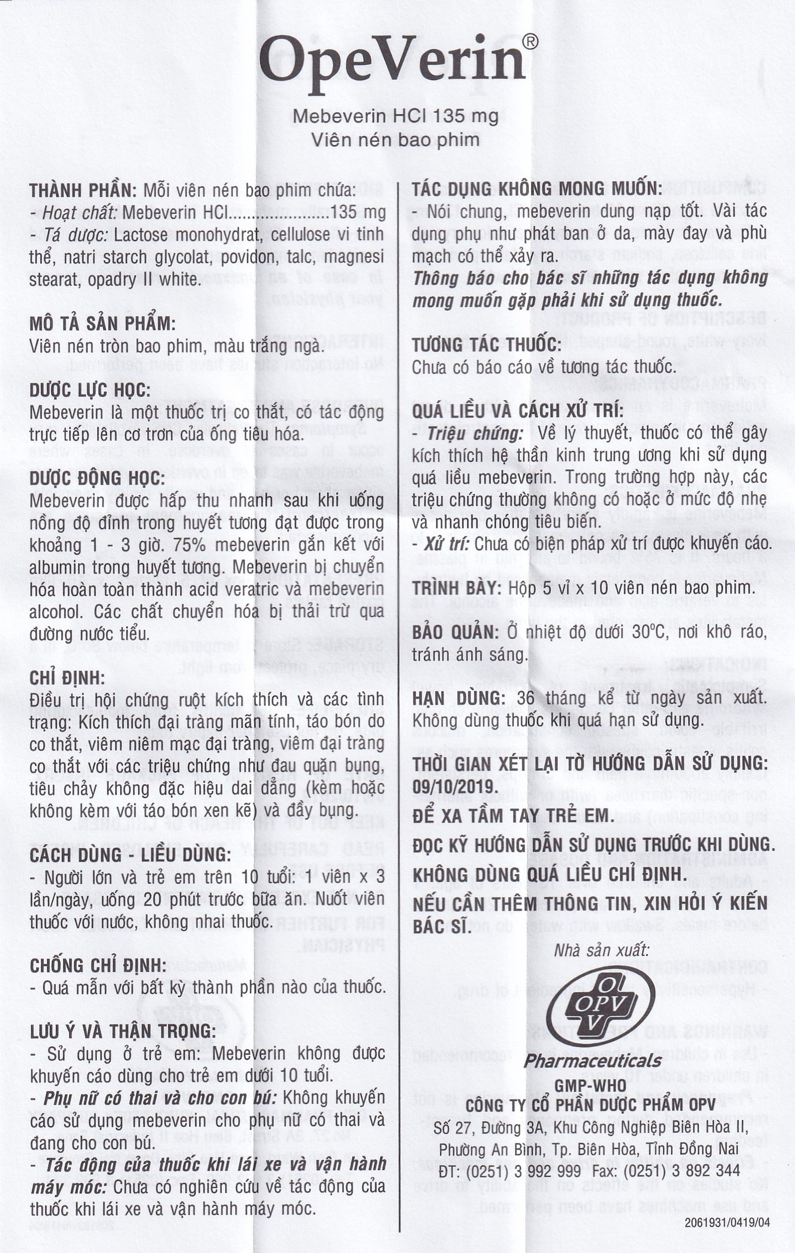 Thuốc OpeVerin 135mg OPV điều trị hội chứng ruột kích thích (5 vỉ x 10 viên)