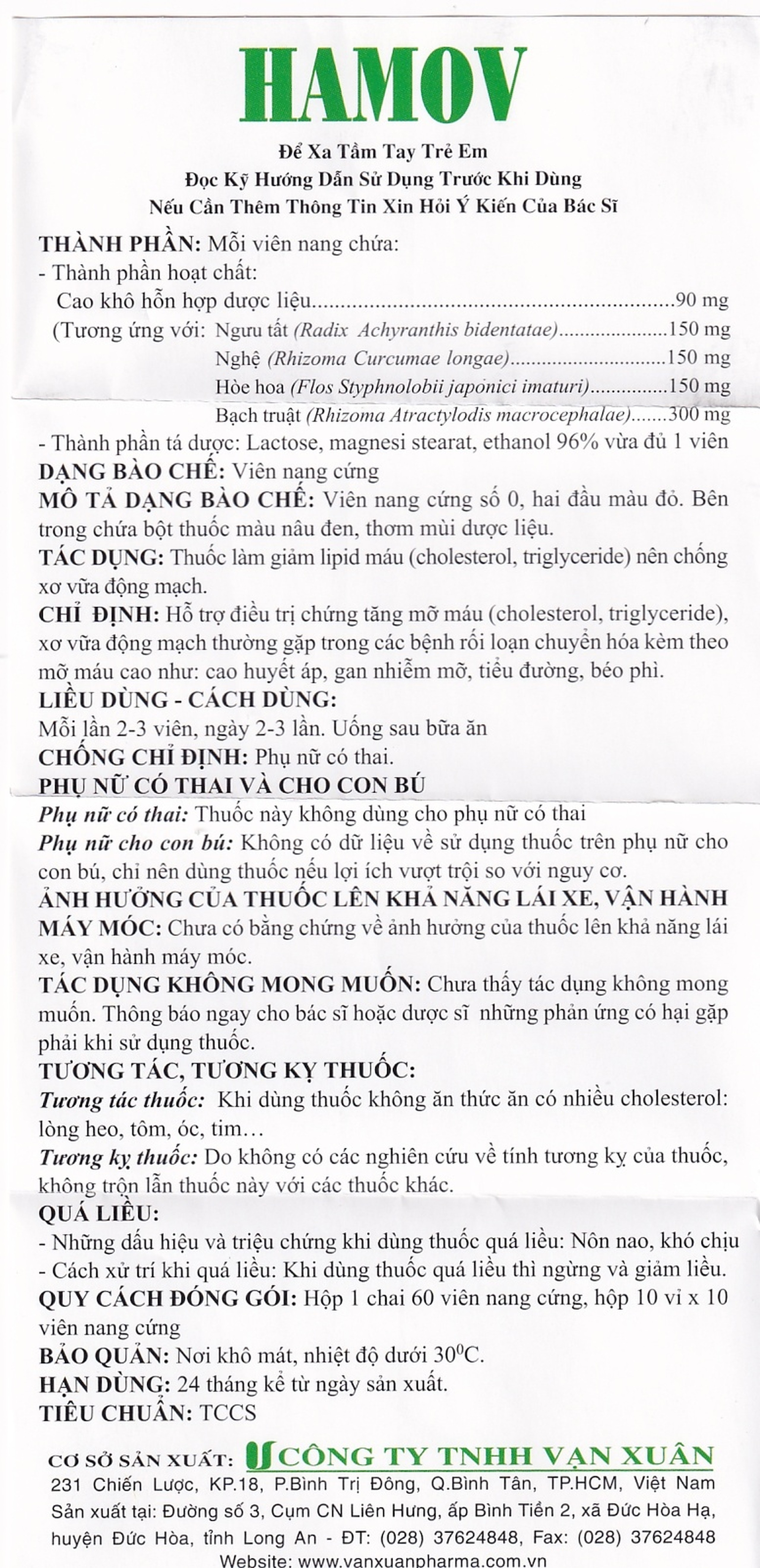 Thuốc Hamov Vạn Xuân hỗ trợ điều trị chứng tăng mỡ máu (10 vỉ x 10 viên)