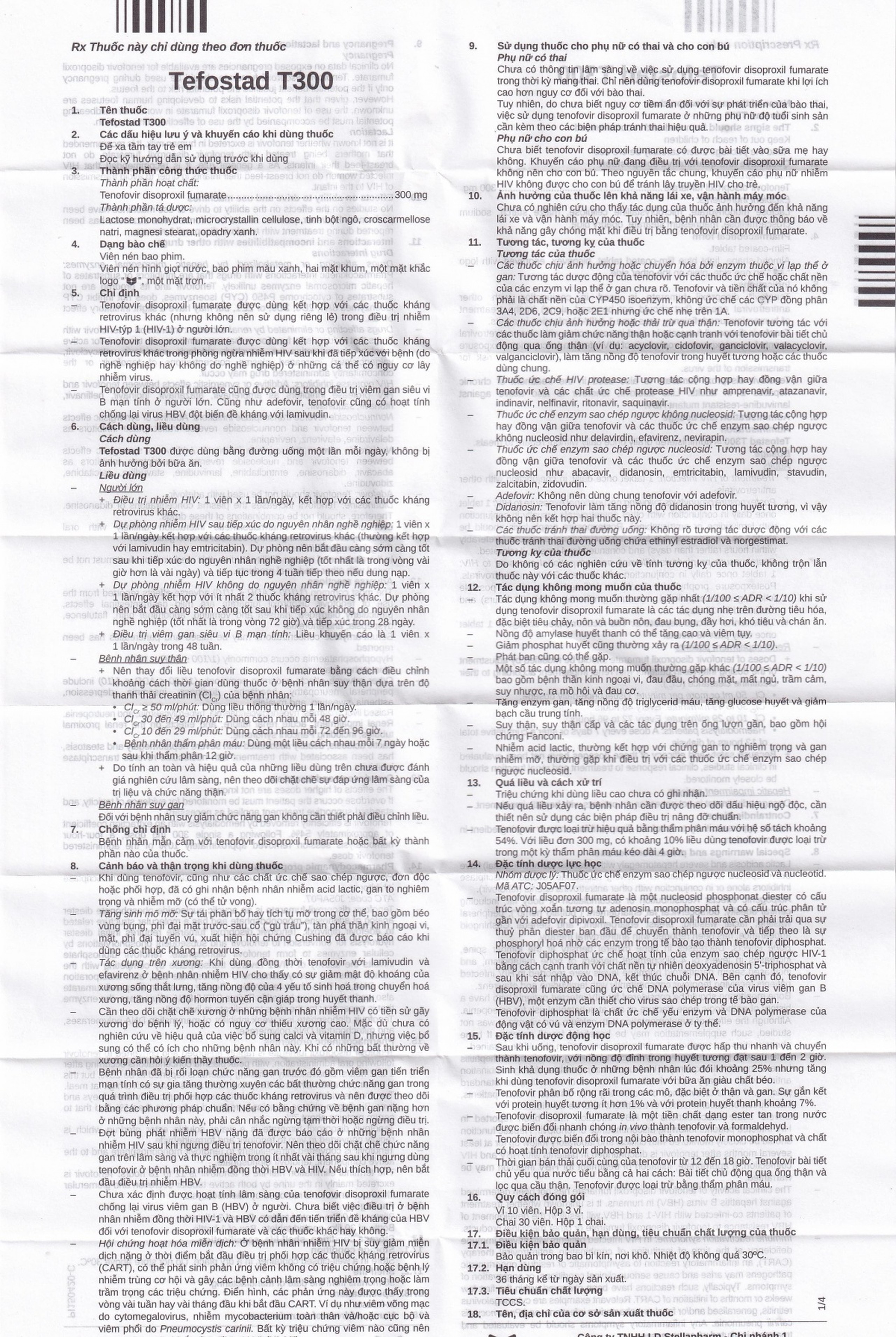 Thuốc Tefostad T300 Stella phòng và điều trị nhiễm HIV-1 (3 vỉ x 10 viên)
