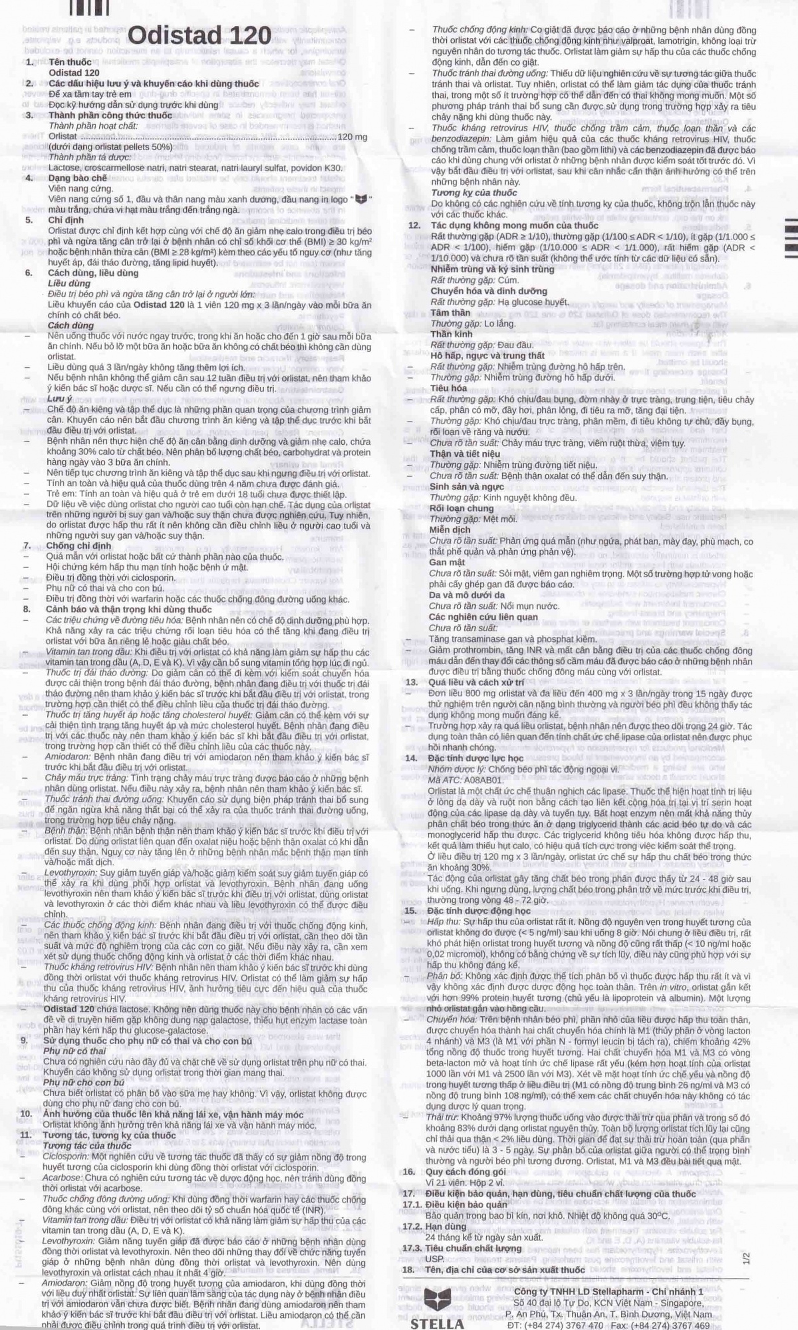 Thuốc Odistad 120 Stella điều trị béo phì và phòng ngừa tăng cân trở lại ở người lớn (2 vỉ x 21 viên)