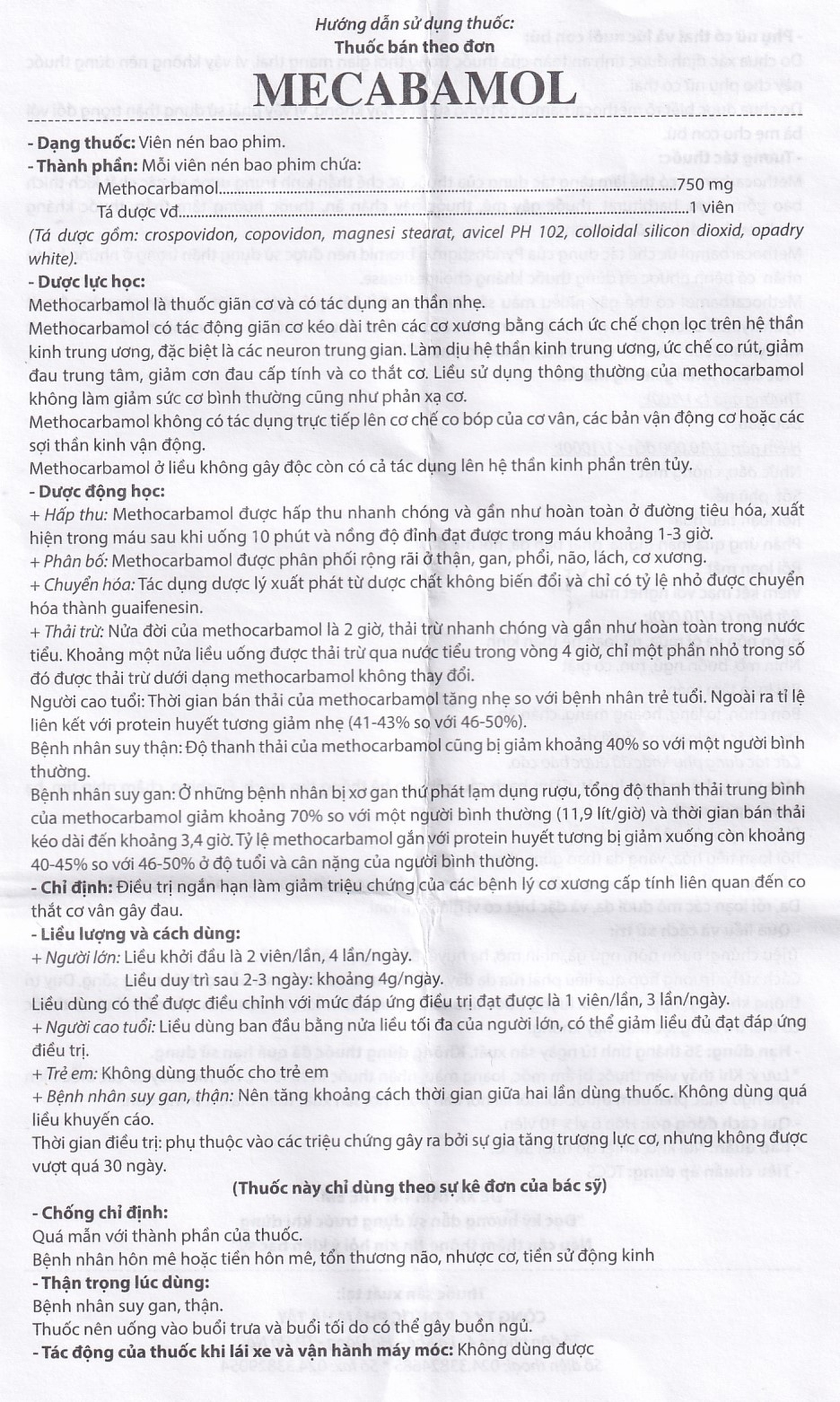 Viên nén Mecabamol 750mg Hà Tây điều trị các bệnh lý cơ xương cấp tính (6 vỉ x 10 viên)