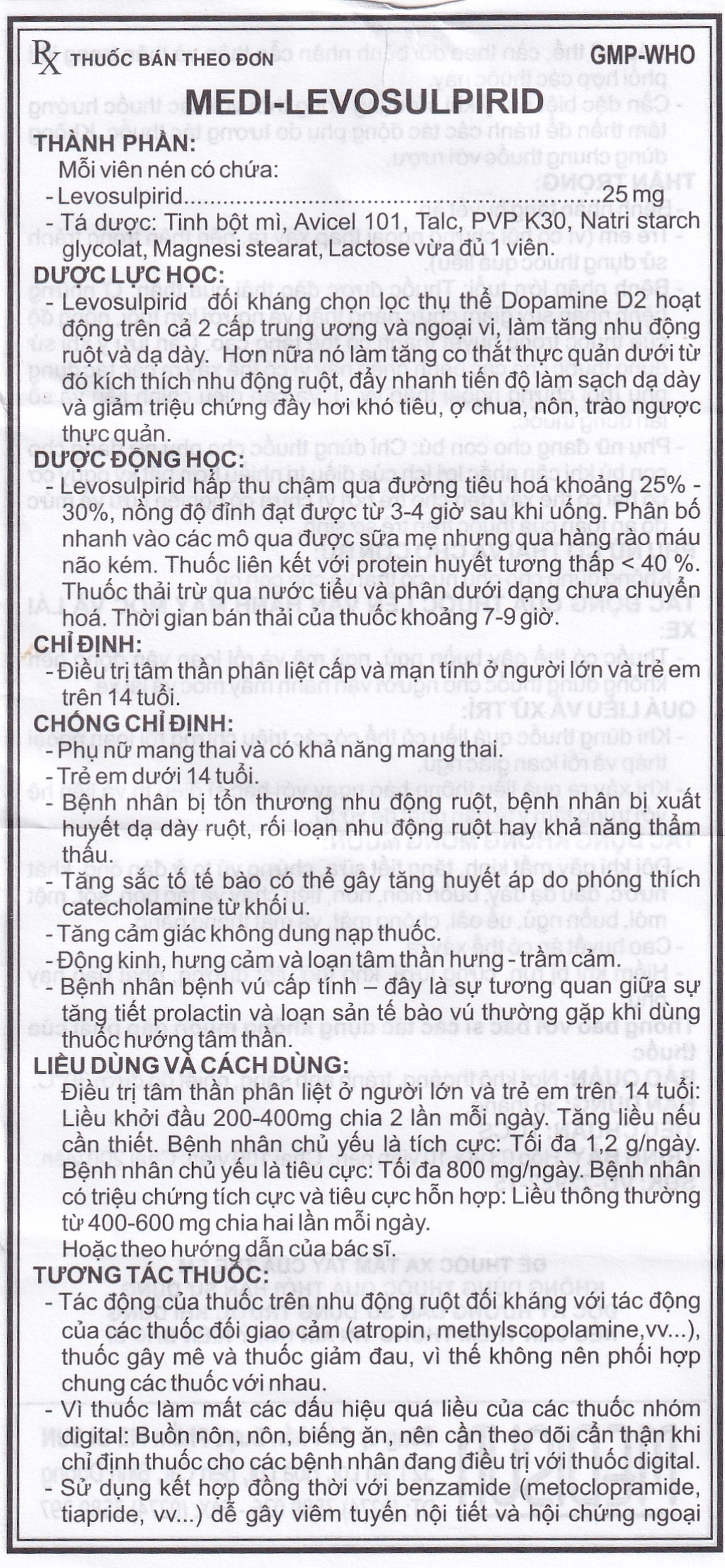 Viên nén Medi-Levosulpirid 25mg Medisun điều trị tâm thần phân liệt cấp và mạn tính (3 vỉ x 10 viên)