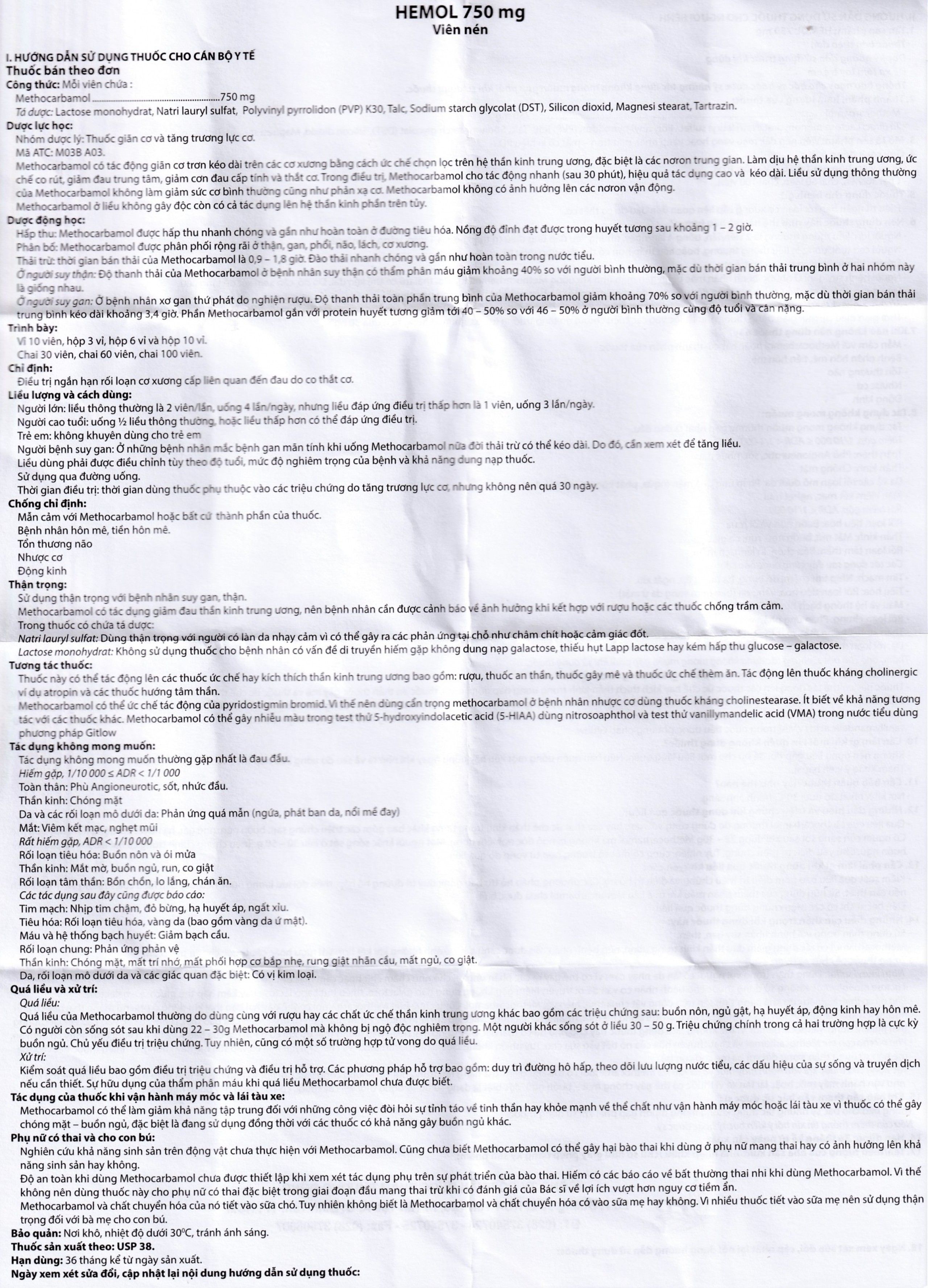 Thuốc Hemol 750mg Phương Đông điều trị ngắn hạn rối loạn cơ xương cấp (10 vỉ x 10 viên)