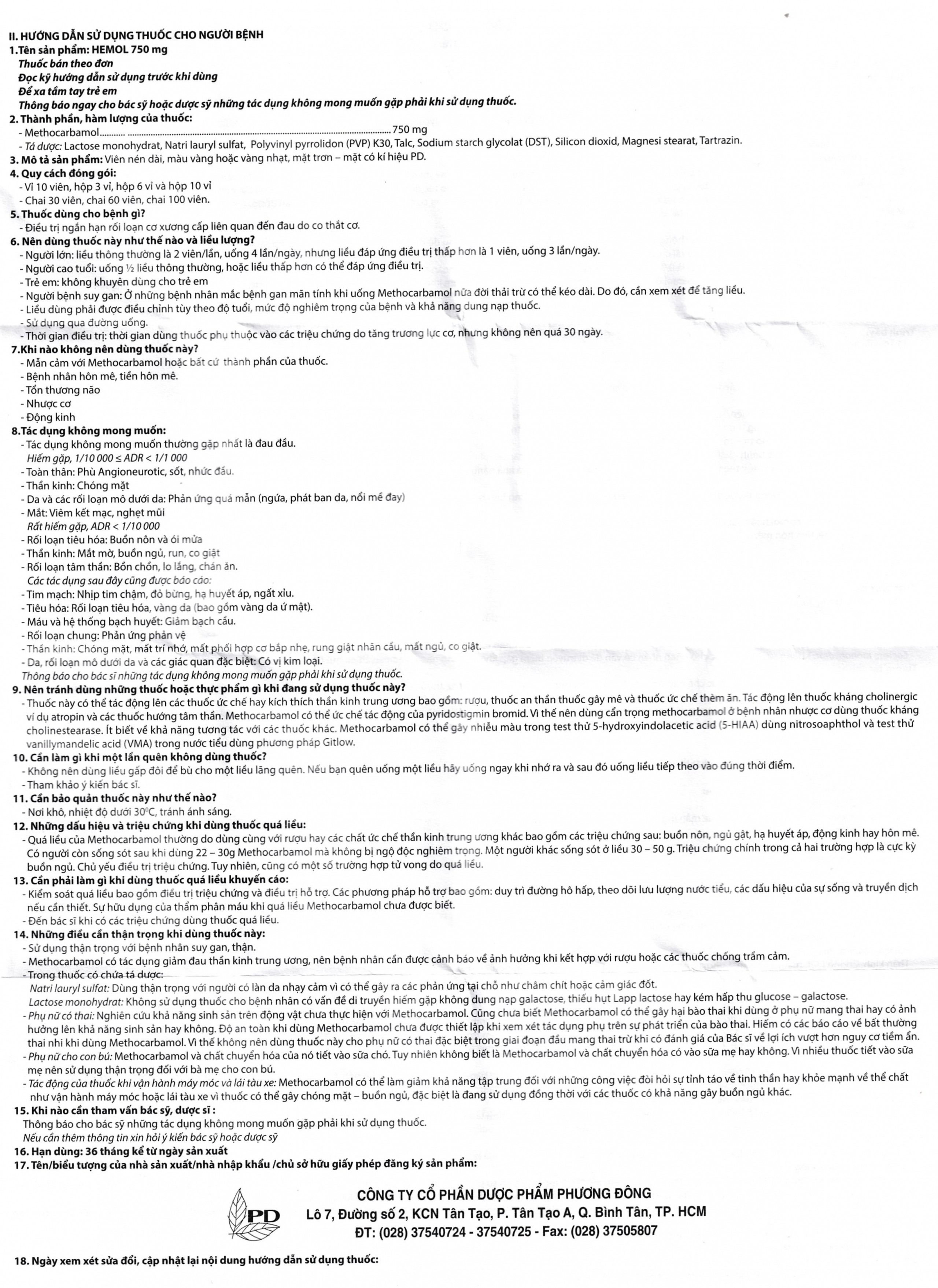 Thuốc Hemol 750mg Phương Đông điều trị ngắn hạn rối loạn cơ xương cấp (10 vỉ x 10 viên)