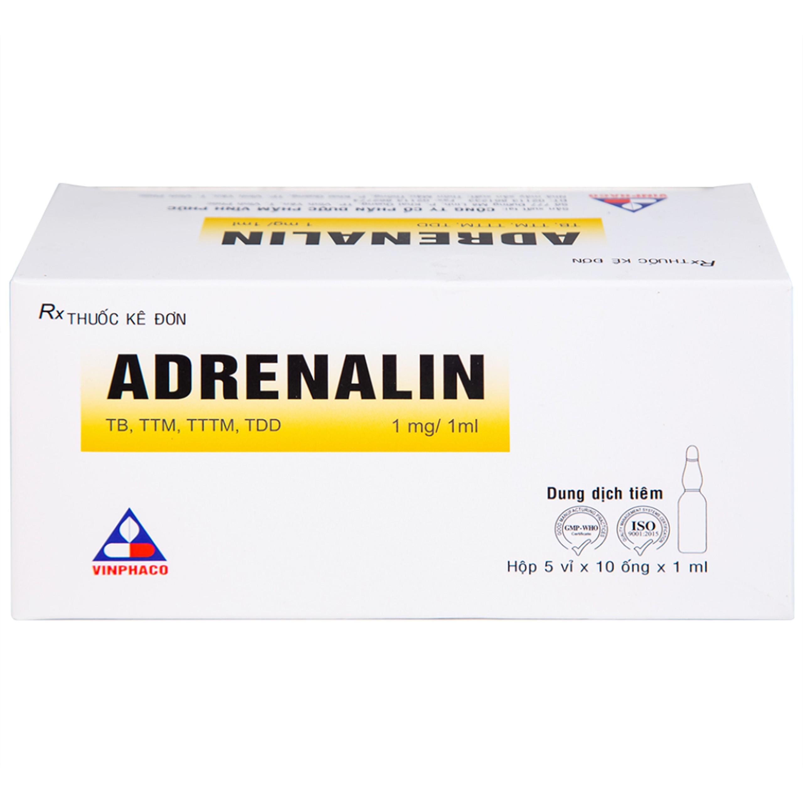 Dung dịch tiêm Adrenalin 1mg/1ml hồi sức tim phổi, cấp cứu choáng phản vệ (5 vỉ x 10 ống)