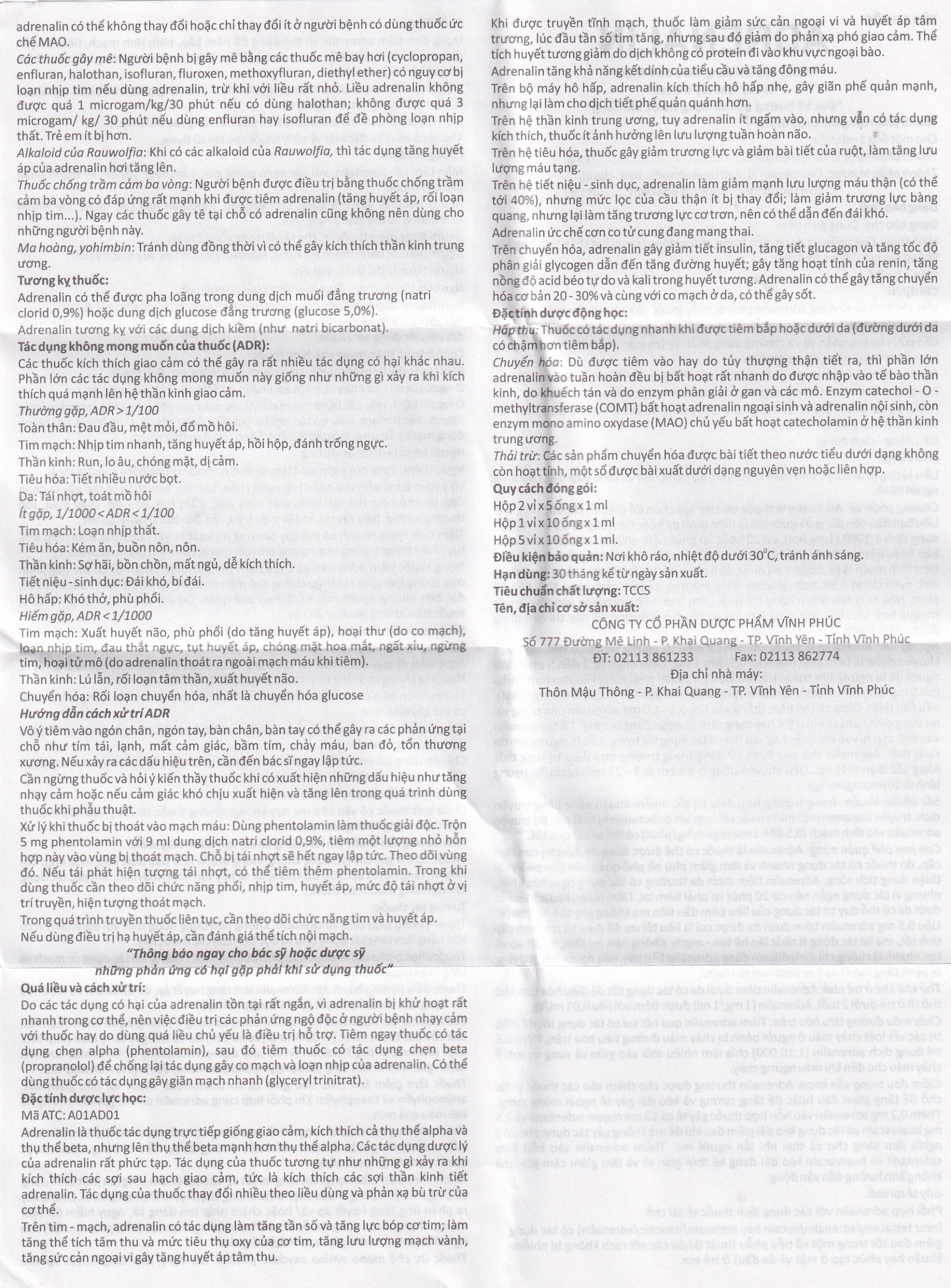 Dung dịch tiêm Adrenalin 1mg/1ml hồi sức tim phổi, cấp cứu choáng phản vệ (5 vỉ x 10 ống)