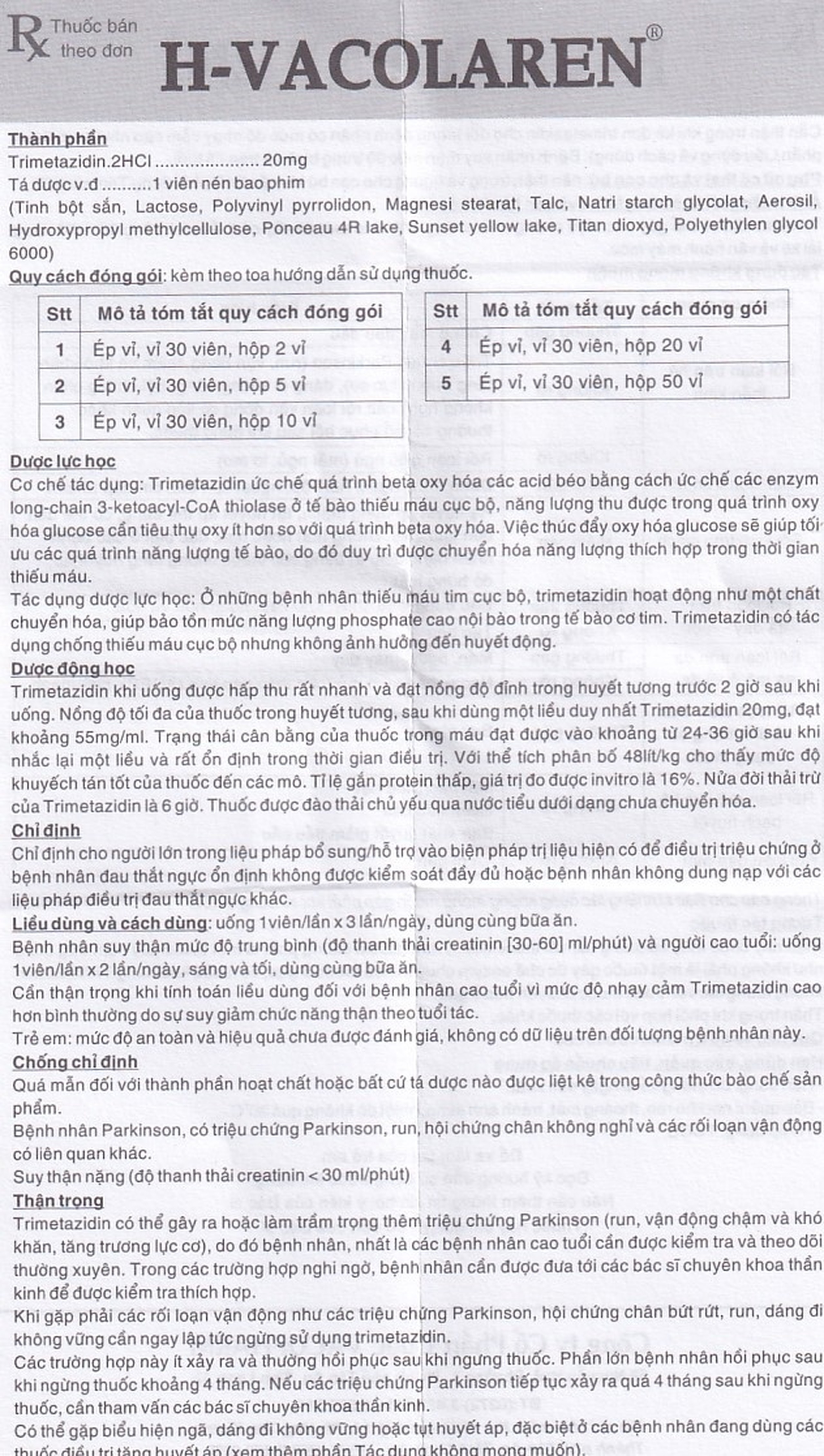 Thuốc H-Vacolaren 20mg Vacopharm điều trị đau thắt ngực (2 vỉ x 30 viên)