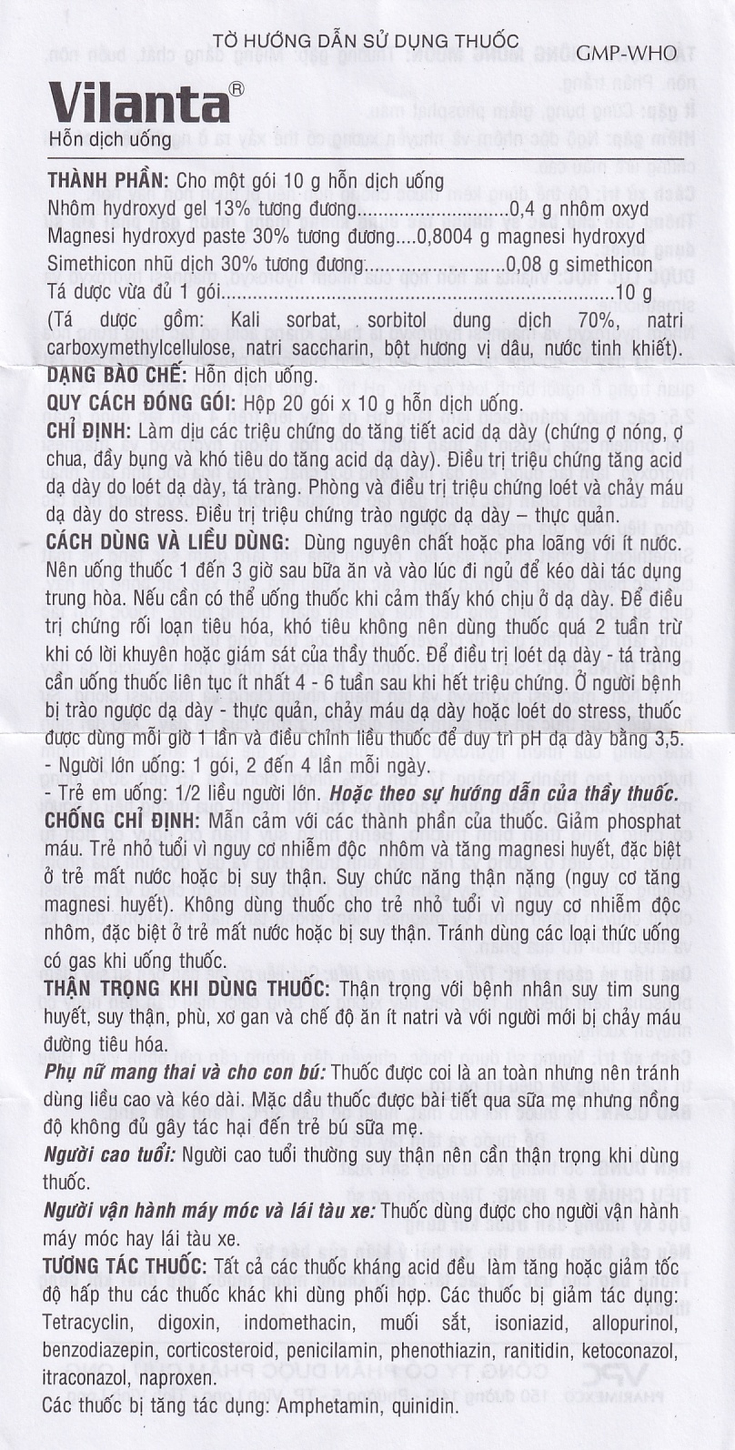 Thuốc Vilanta Pharimexco dịu triệu chứng ợ nóng, ợ chua (20 gói x 10g)