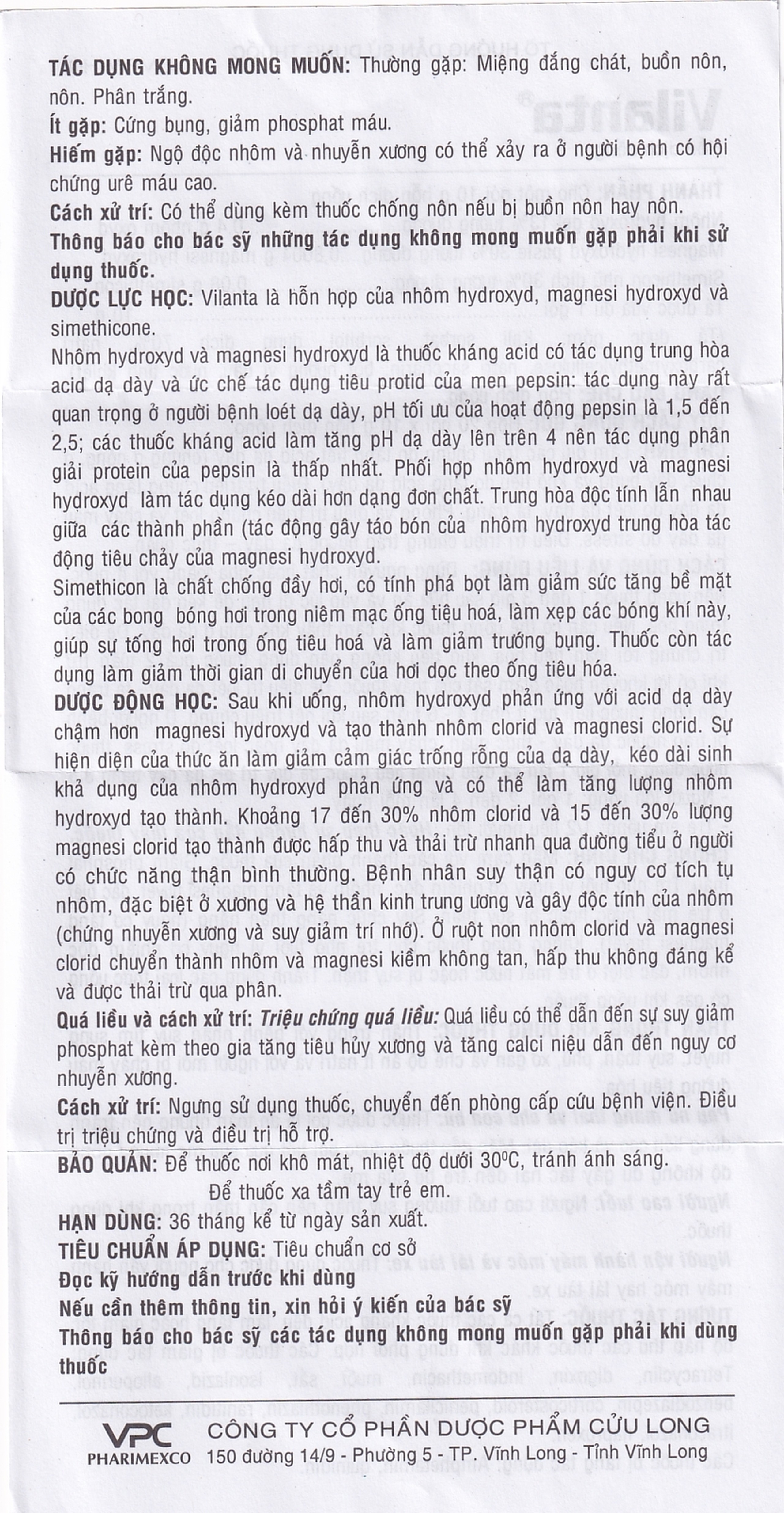 Thuốc Vilanta Pharimexco dịu triệu chứng ợ nóng, ợ chua (20 gói x 10g)