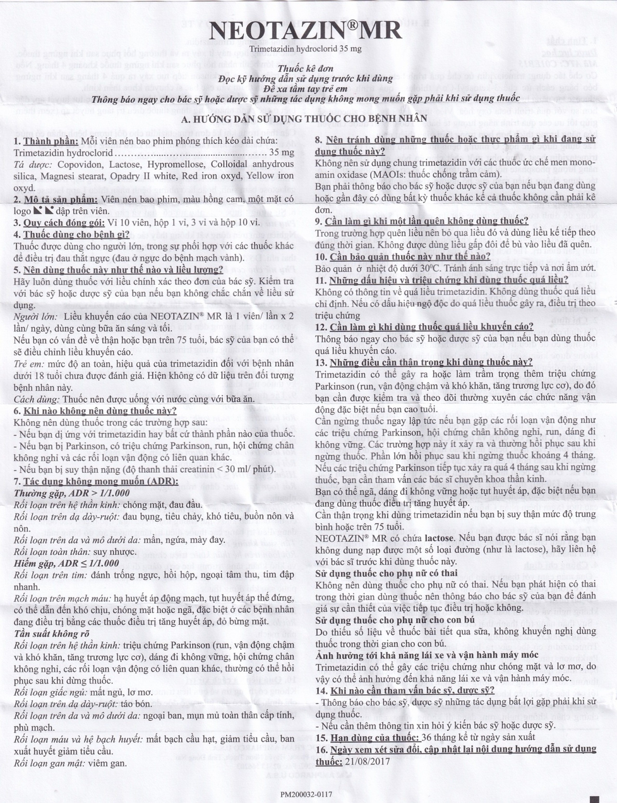 Thuốc Neotazin MR 35mg Ampharco trị đau thắt ngực (10 vỉ x 10 viên)