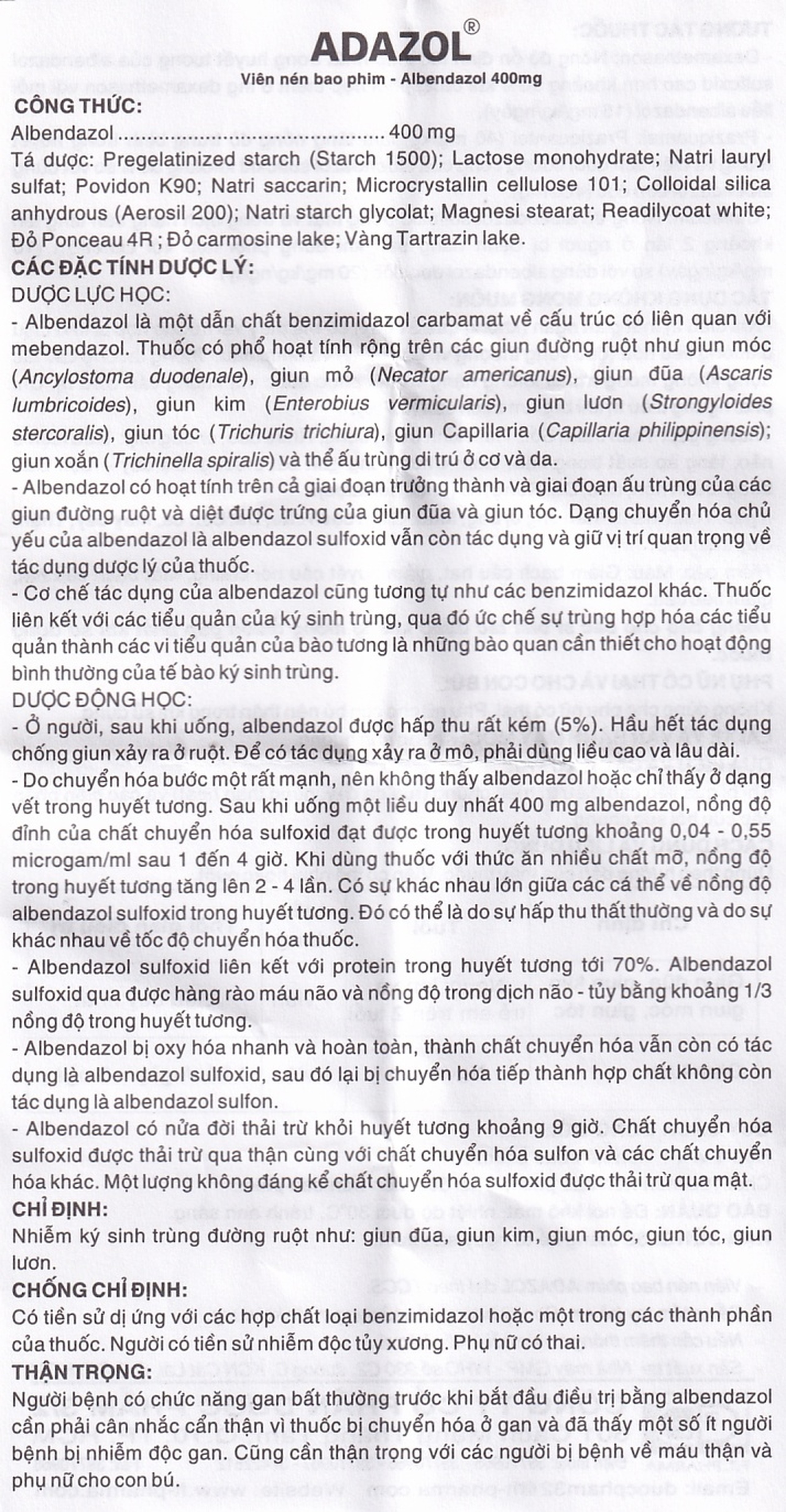 Thuốc Adazol 400mg Dược 3-2 điều trị nhiễm ký sinh trùng đường ruột (1 vỉ x 1 viên)