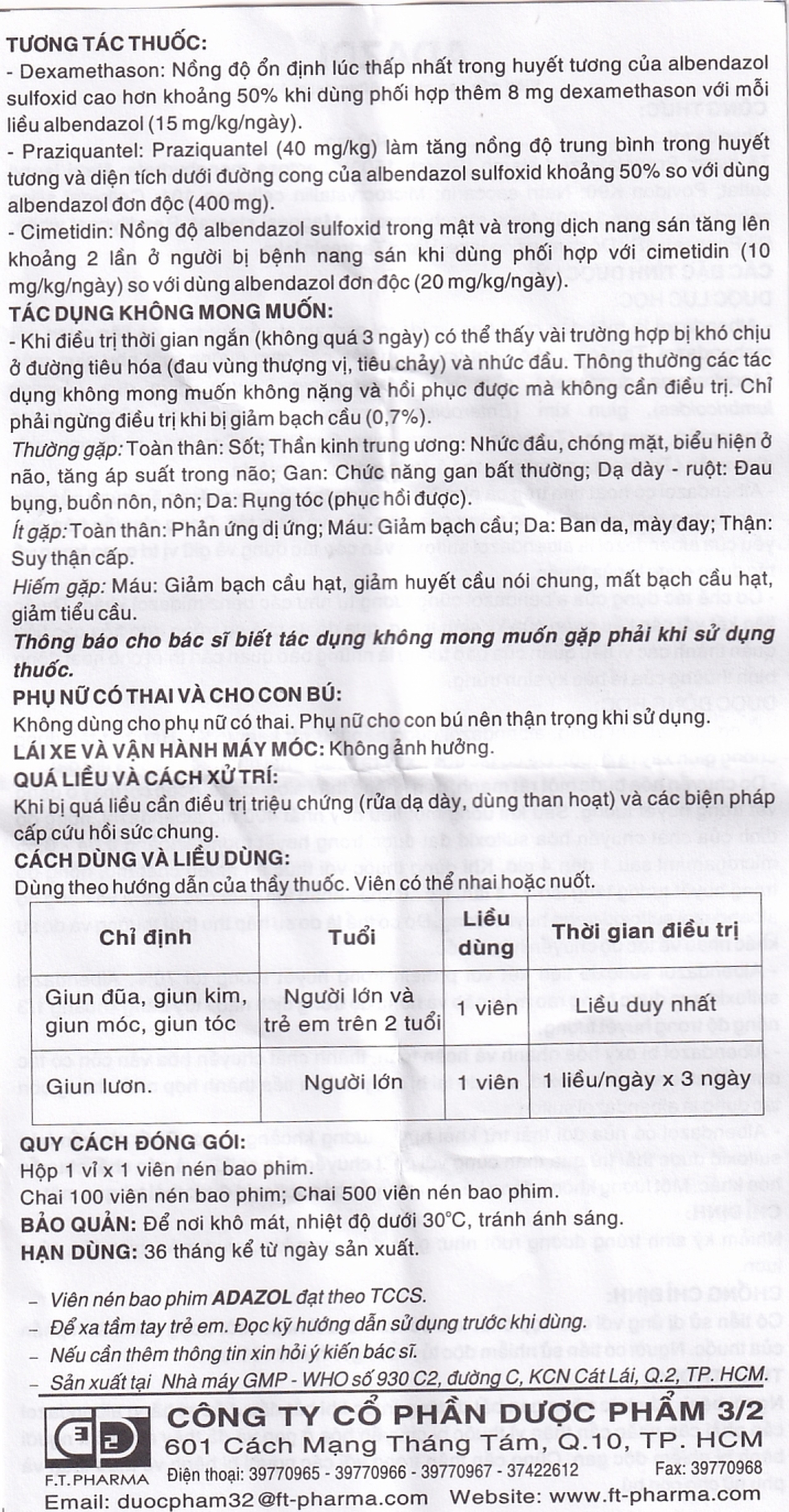 Thuốc Adazol 400mg Dược 3-2 điều trị nhiễm ký sinh trùng đường ruột (1 vỉ x 1 viên)