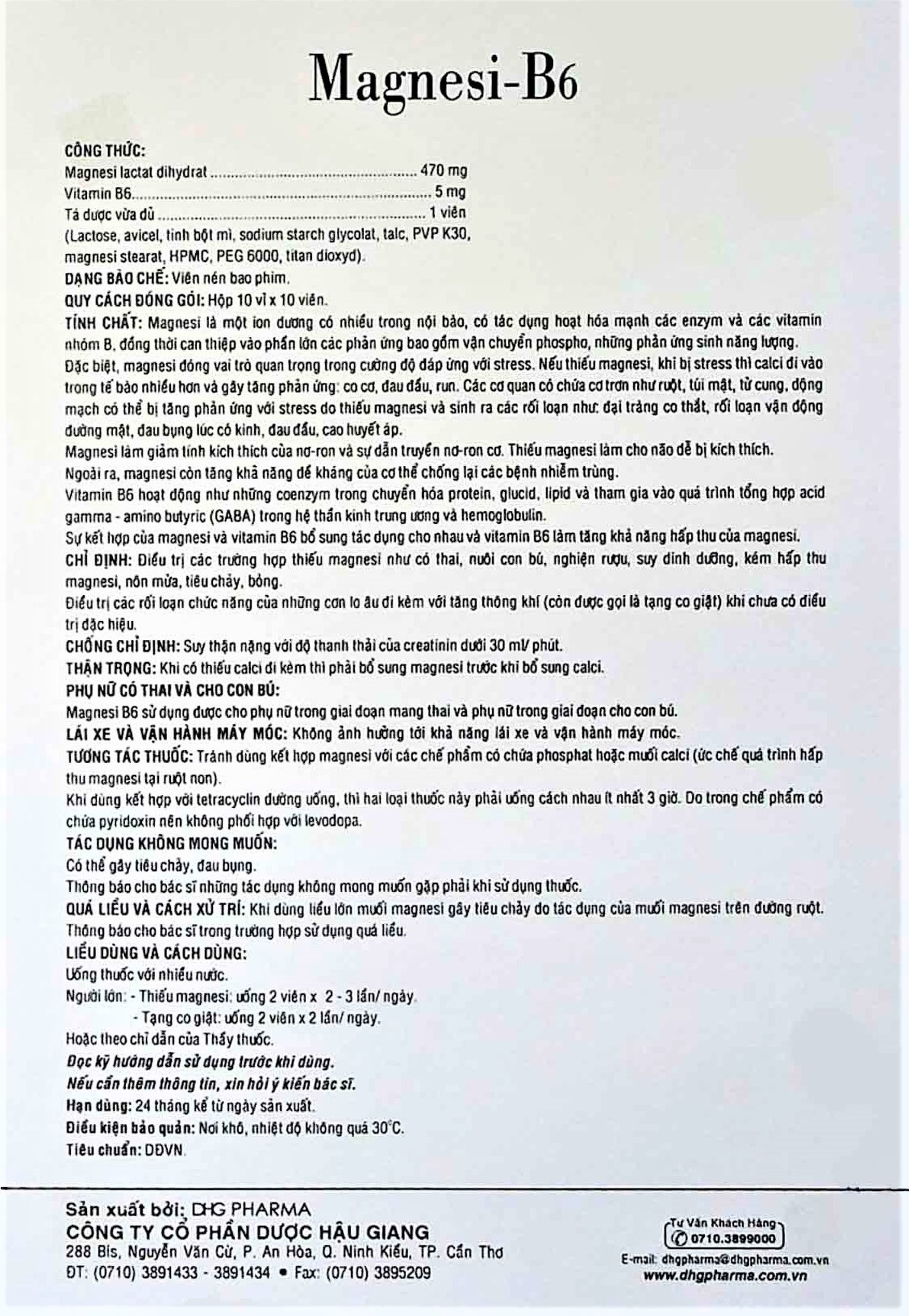 Viên nén Magnesi-B6 DHG Pharma giảm các triệu chứng thiếu hụt magnesi, nôn mửa, khó chịu (10 vỉ x 10 viên)