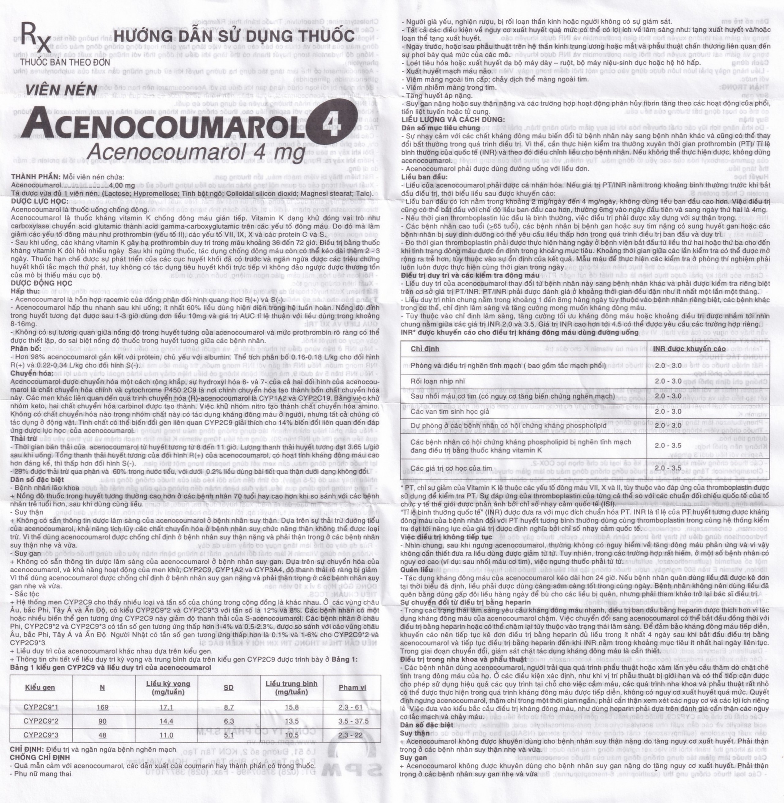 Thuốc Acenocoumarol 4 SPM điều trị và ngăn ngừa bệnh nghẽn mạch (3 vỉ x 10 viên)