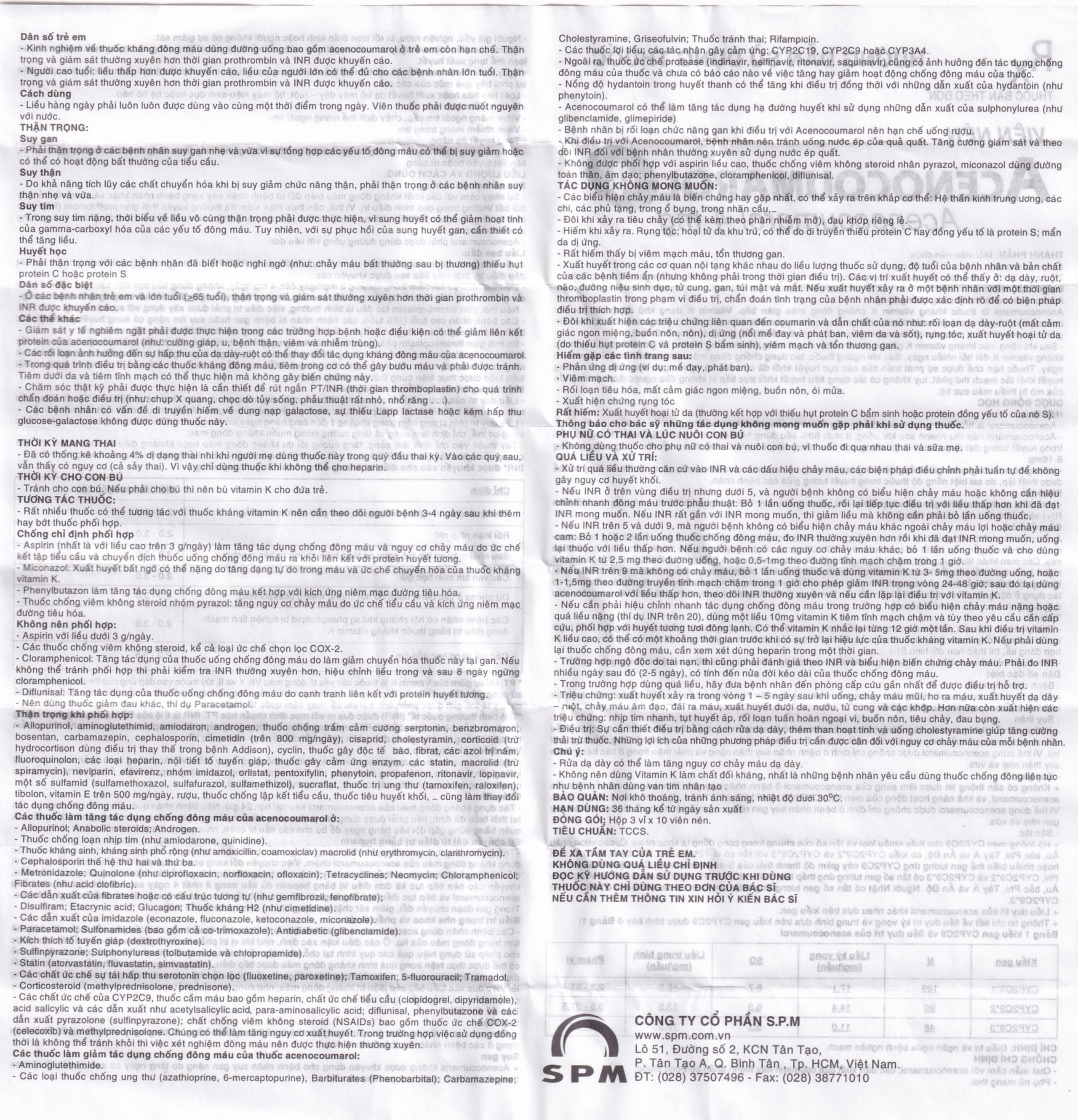 Thuốc Acenocoumarol 4 SPM điều trị và ngăn ngừa bệnh nghẽn mạch (3 vỉ x 10 viên)