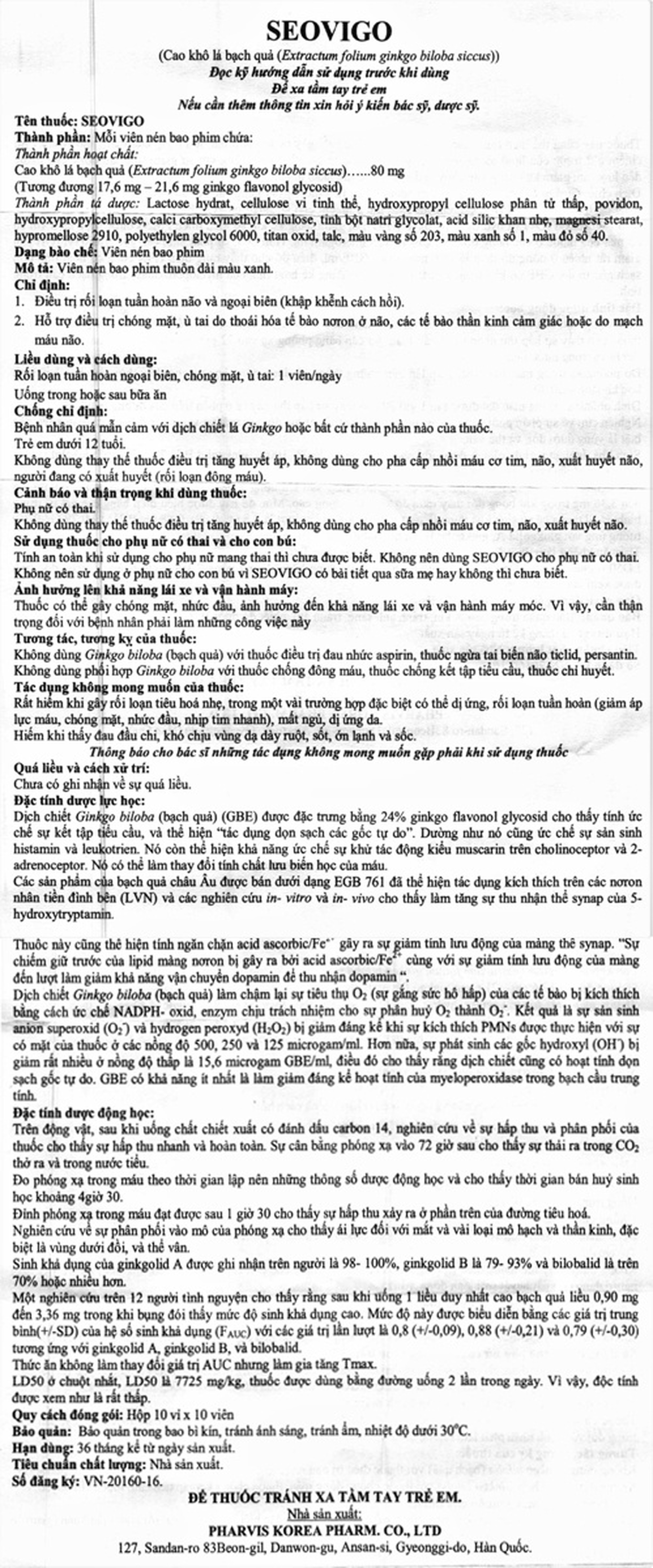 Thuốc Seovigo Pharvis điều trị rối loạn tuần hoàn não và ngoại biên (10 vỉ x 10 viên)