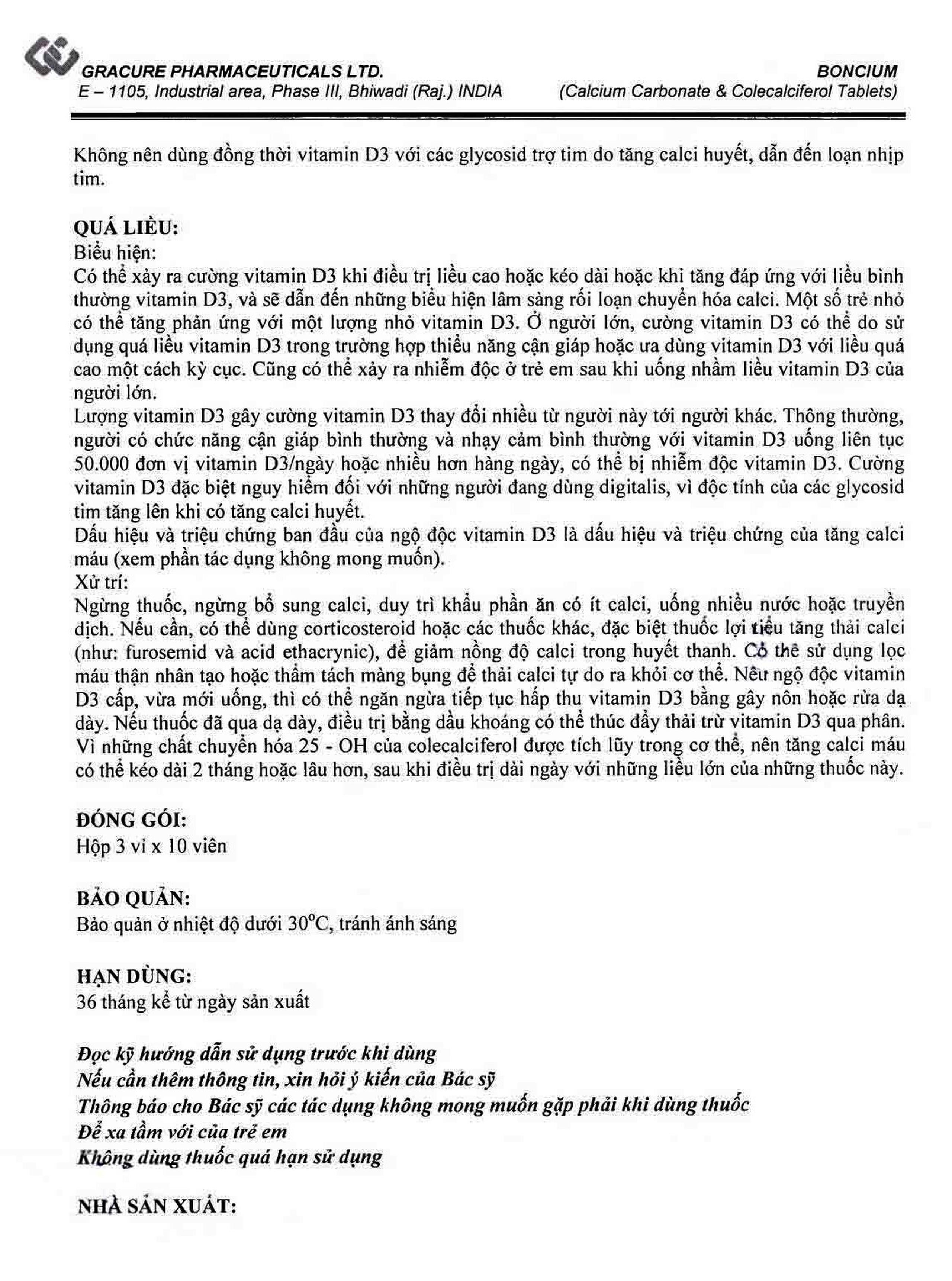 Thuốc Boncium Gracure phòng và điều trị thiếu Canxi và Vitamin D3 (3 vỉ x 10 viên)