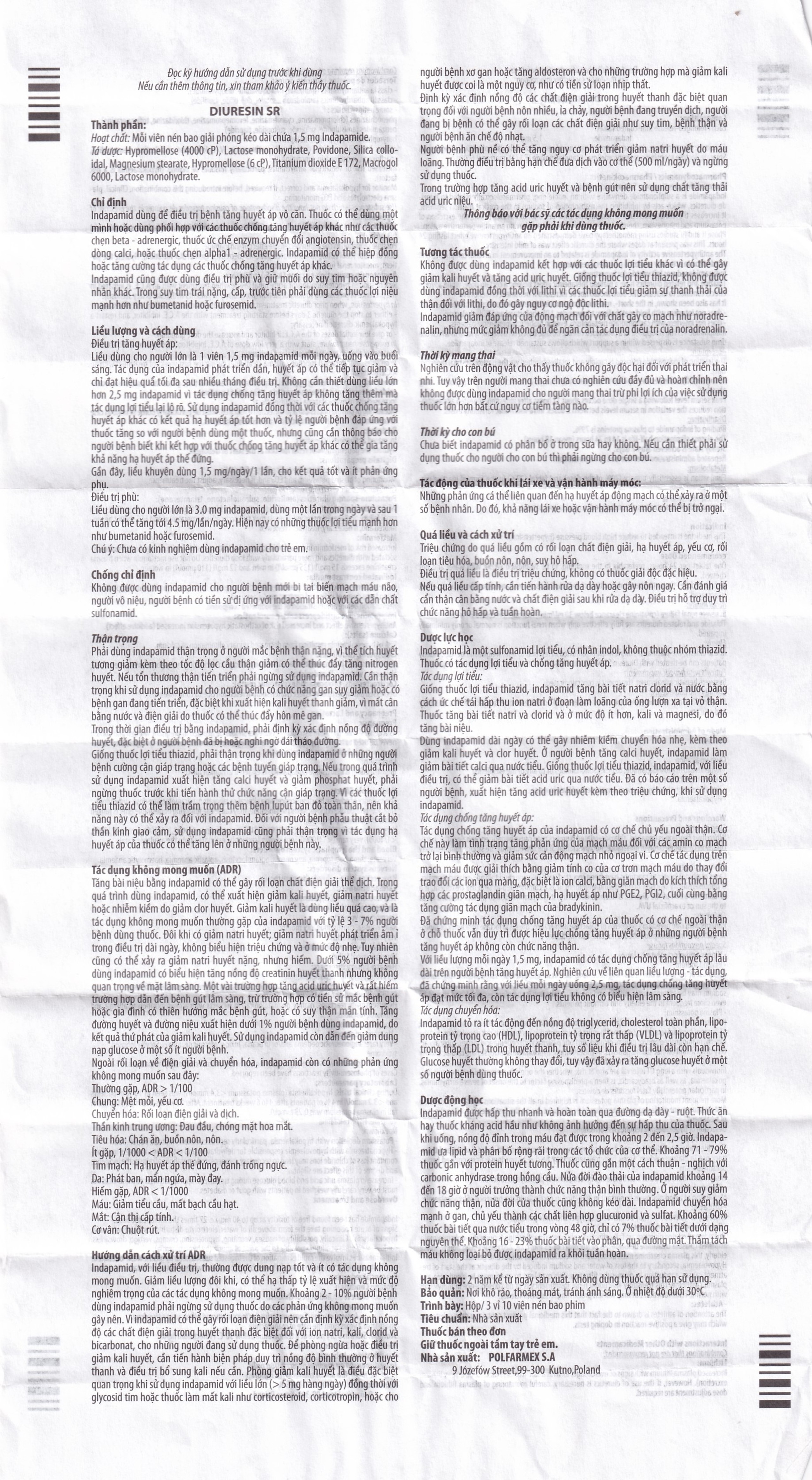 Thuốc Diuresin SR 1.5mg Polfarmex điều trị tăng huyết áp (3 vỉ x 10 viên)