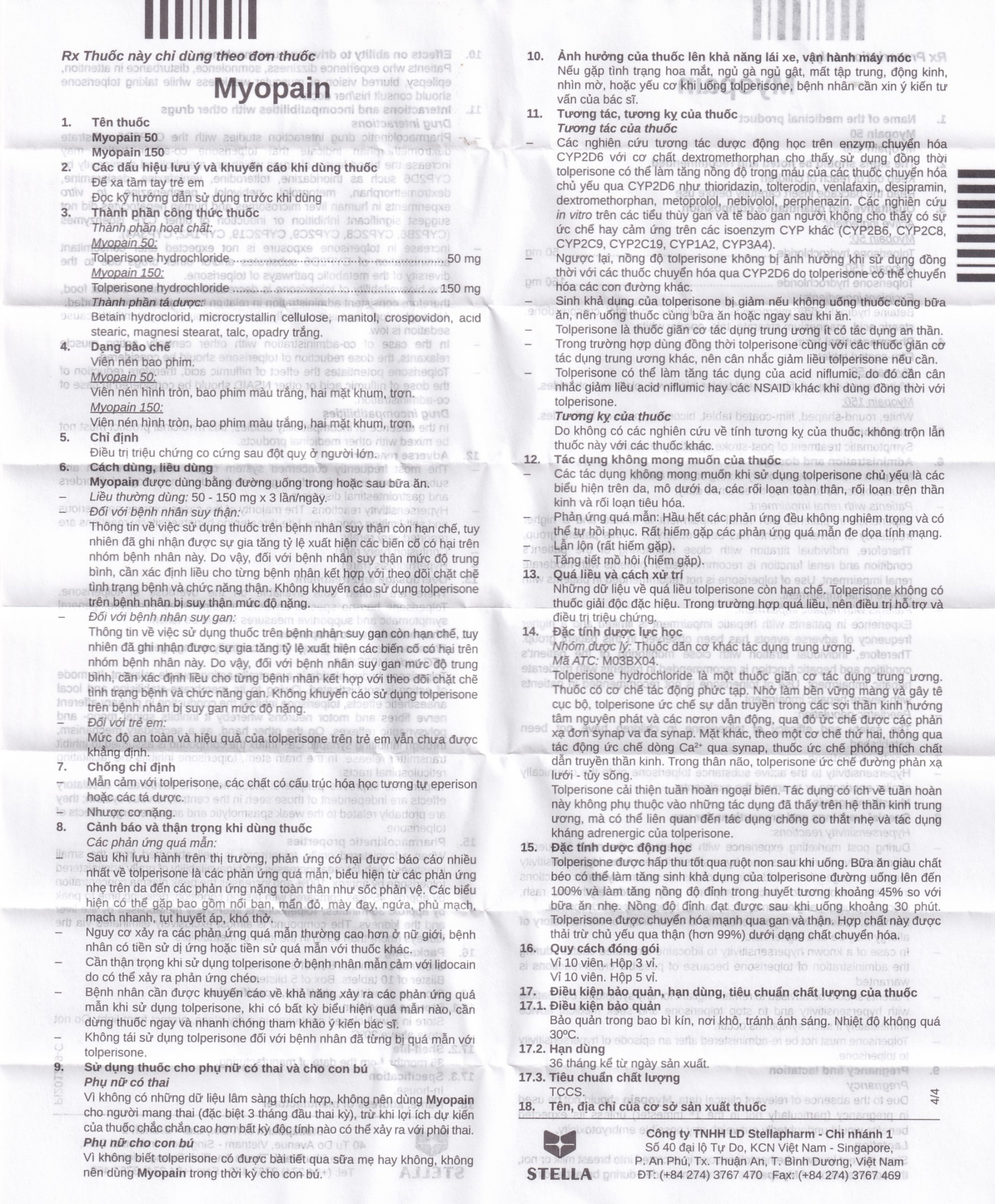 Thuốc Myopain 50 Stella điều trị chứng co cứng cơ sau đột quỵ (5 vỉ x 10 viên)