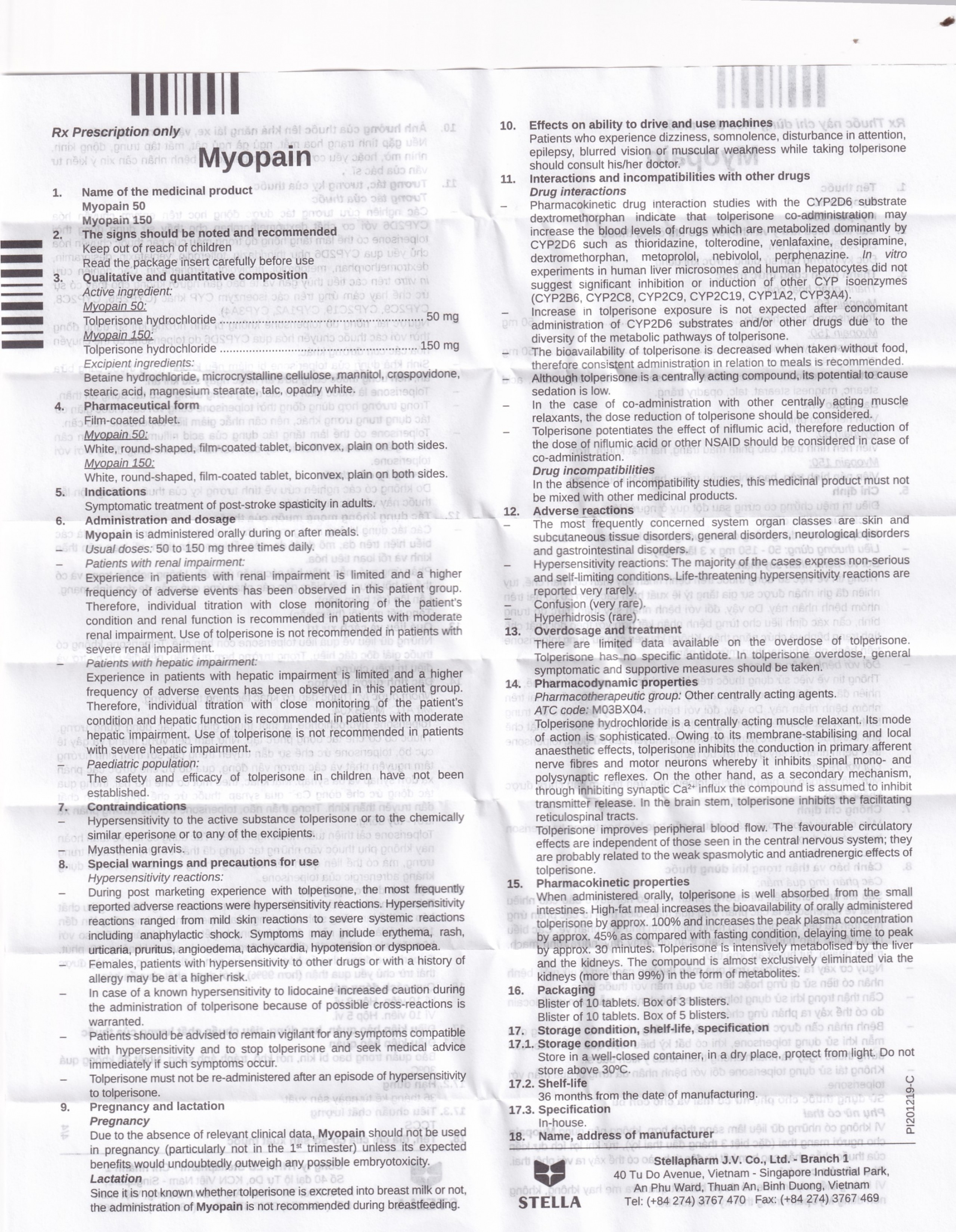 Thuốc Myopain 50 Stella điều trị chứng co cứng cơ sau đột quỵ (5 vỉ x 10 viên)