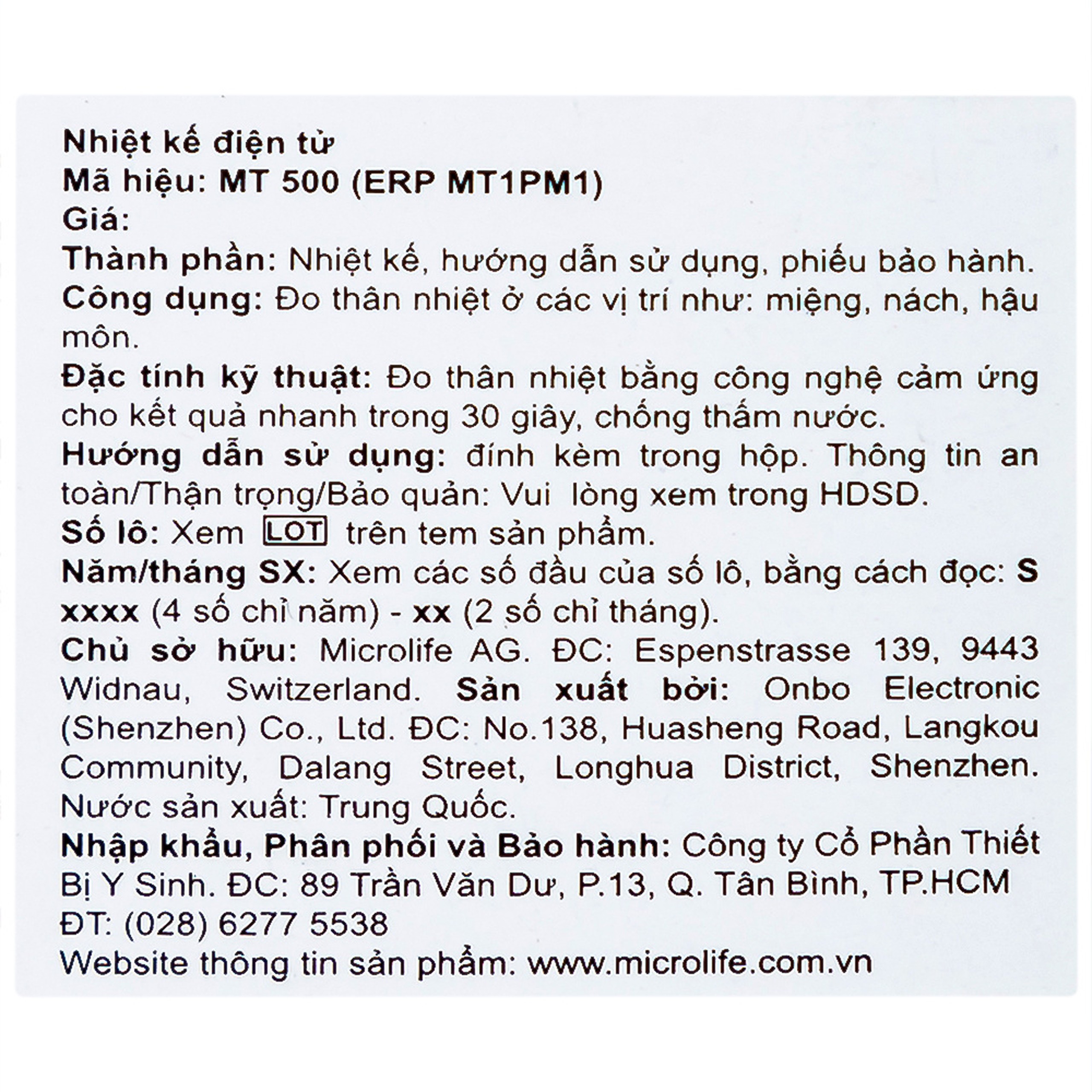 Nhiệt kế điện tử đo thân nhiệt Microlife MT500