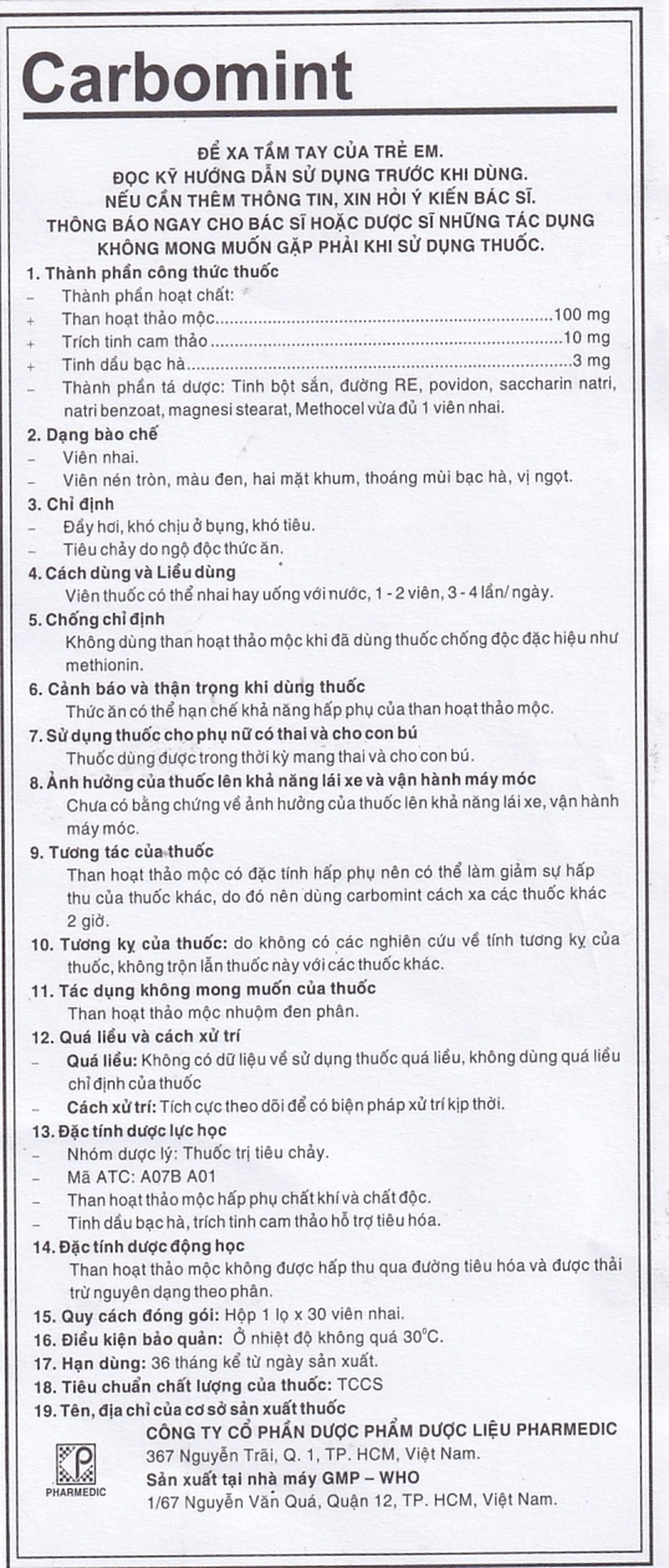 Thuốc Carbomint Pharmedic điều trị đầy hơi, khó tiêu (30 viên)