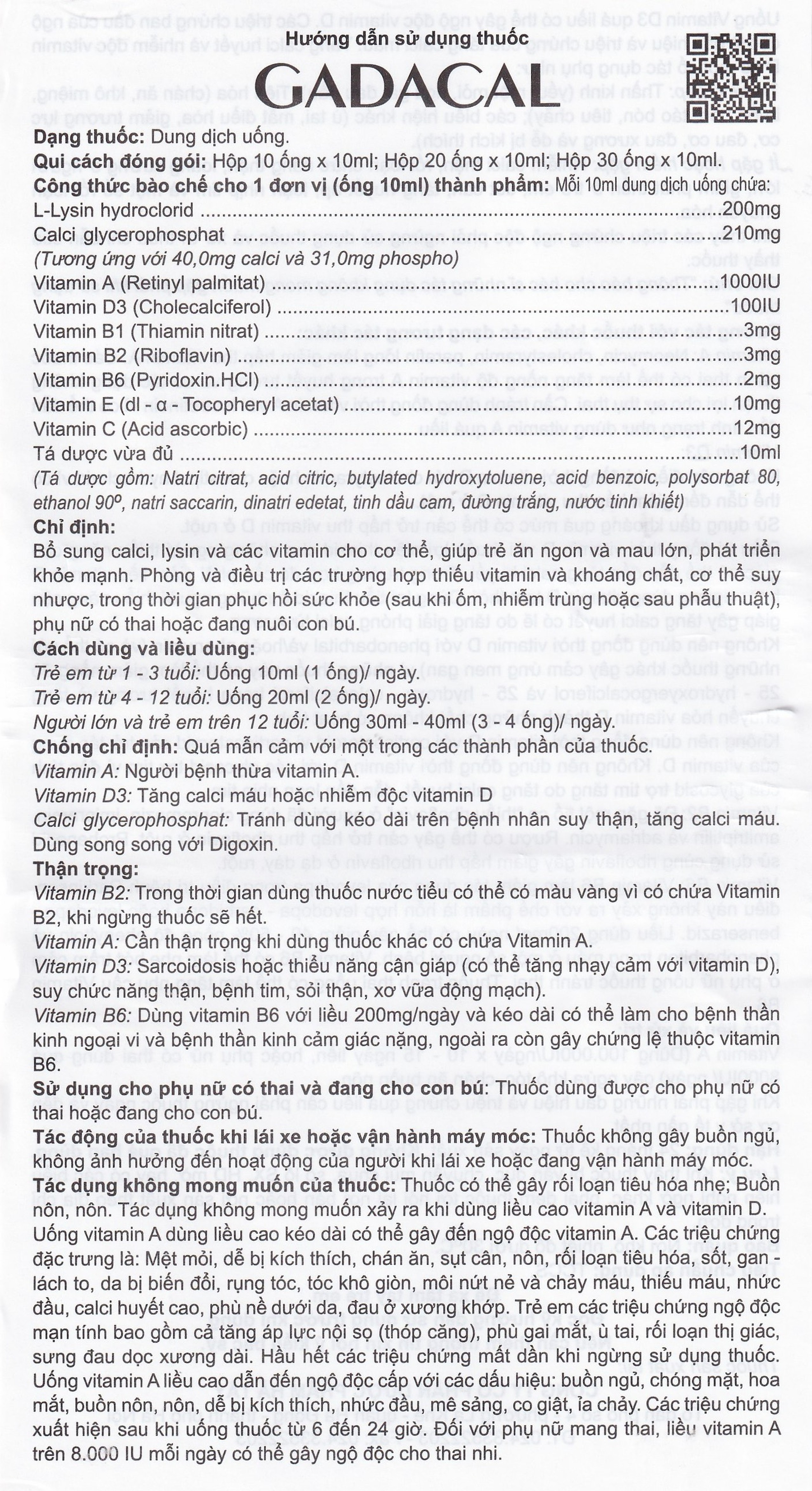 Dung dịch uống Gadacal Hà Tây bổ sung Calci, Lysin và các Vitamin (20 ống x 10ml)