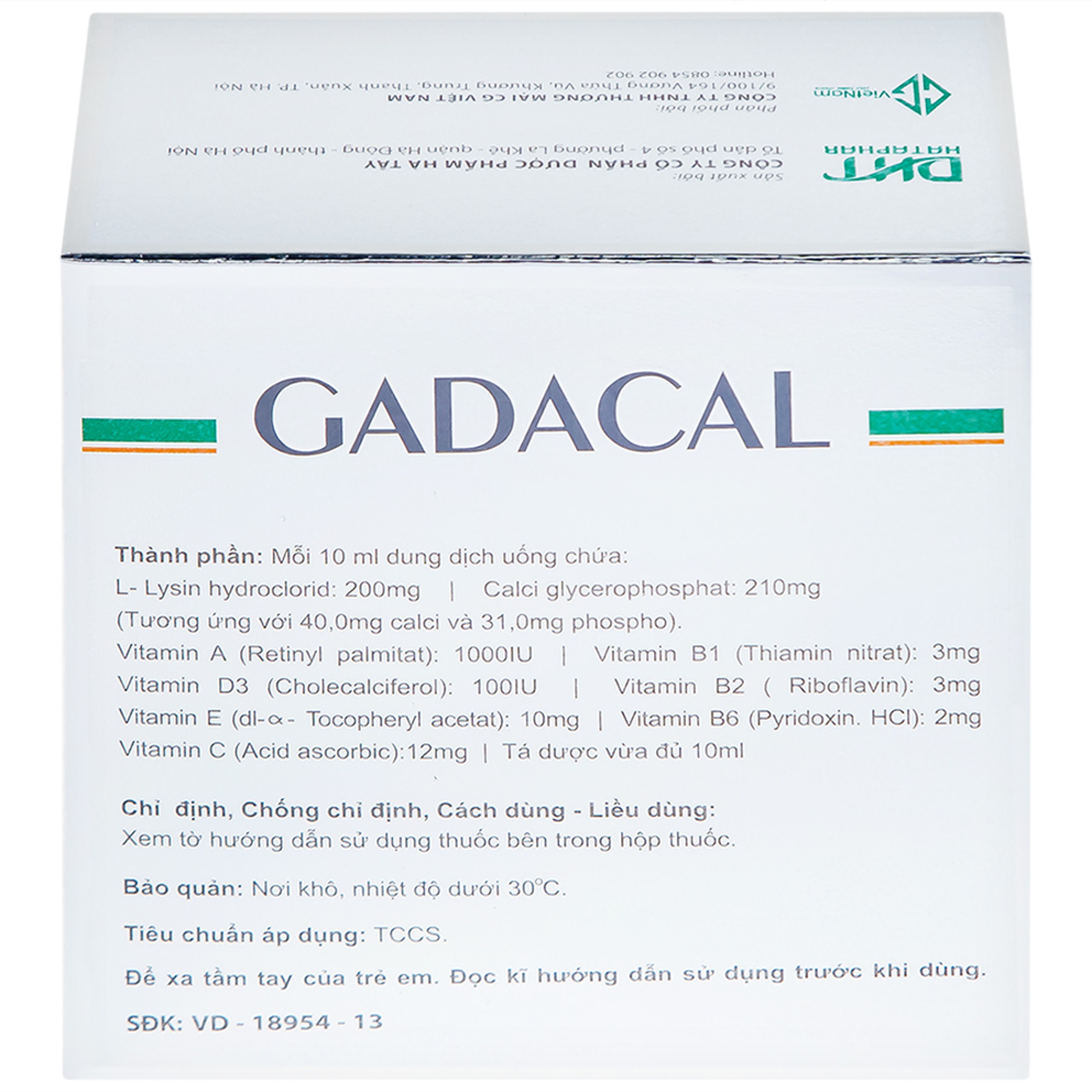 Dung dịch uống Gadacal Hà Tây bổ sung Calci, Lysin và các Vitamin (20 ống x 10ml)