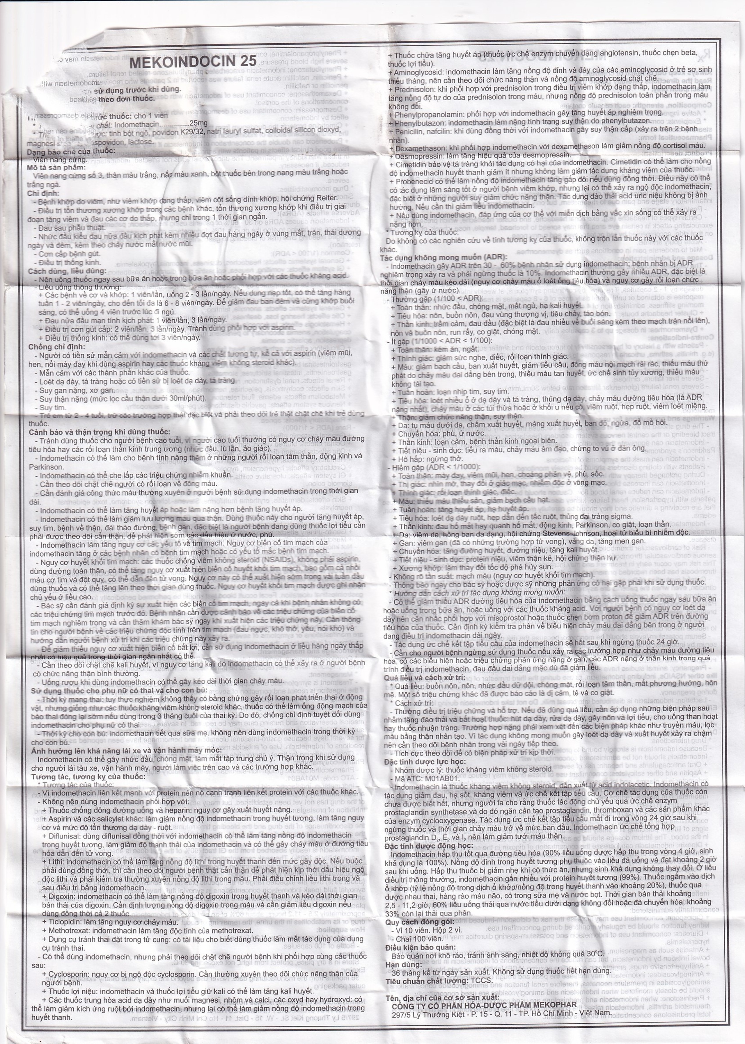 Thuốc Mekoindocin 25mg Mekophar điều trị bệnh khớp do viêm (100 viên)