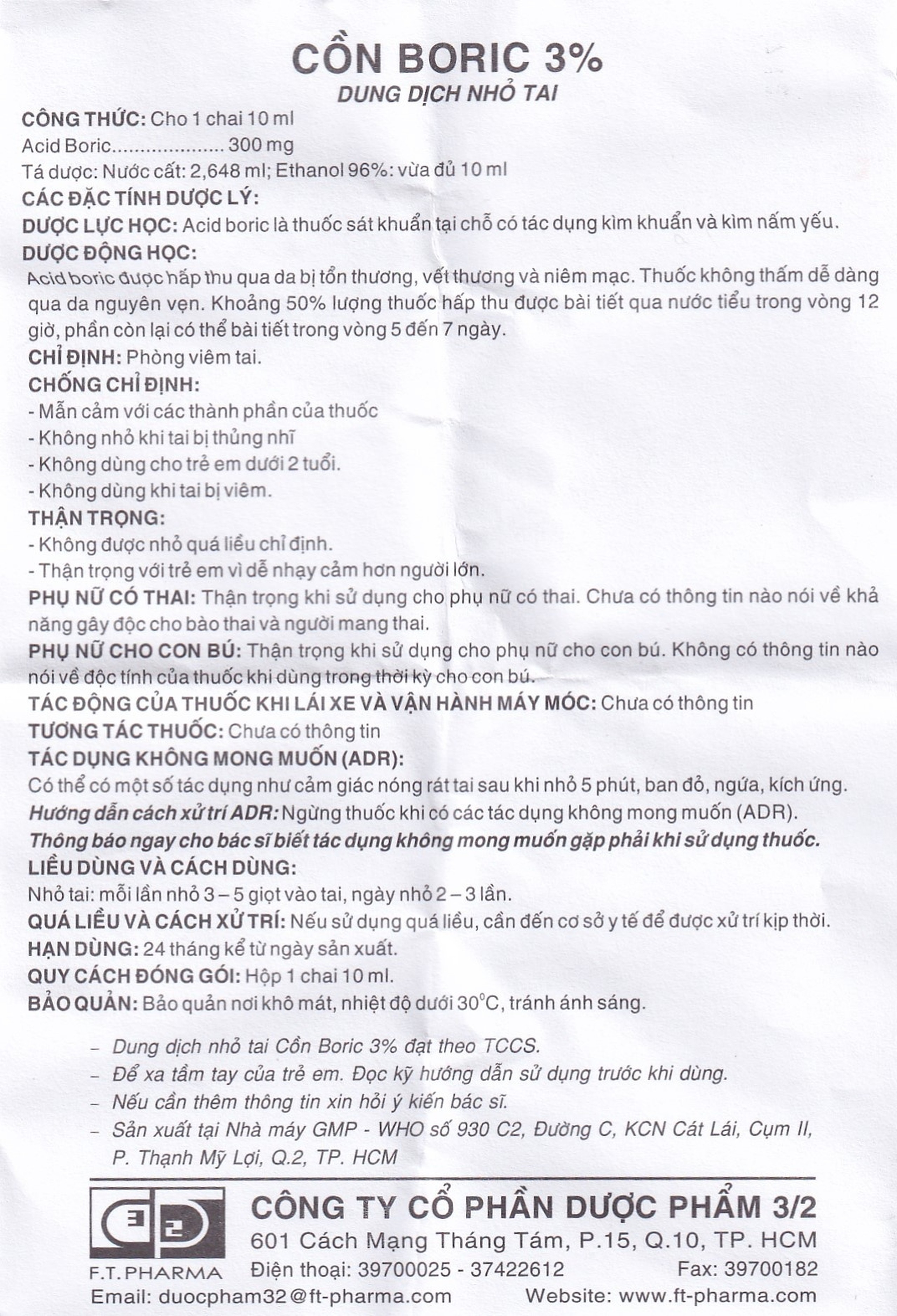 Dung dịch nhỏ tai Cồn Boric 3% Dược 3-2 phòng viêm tai (10ml)