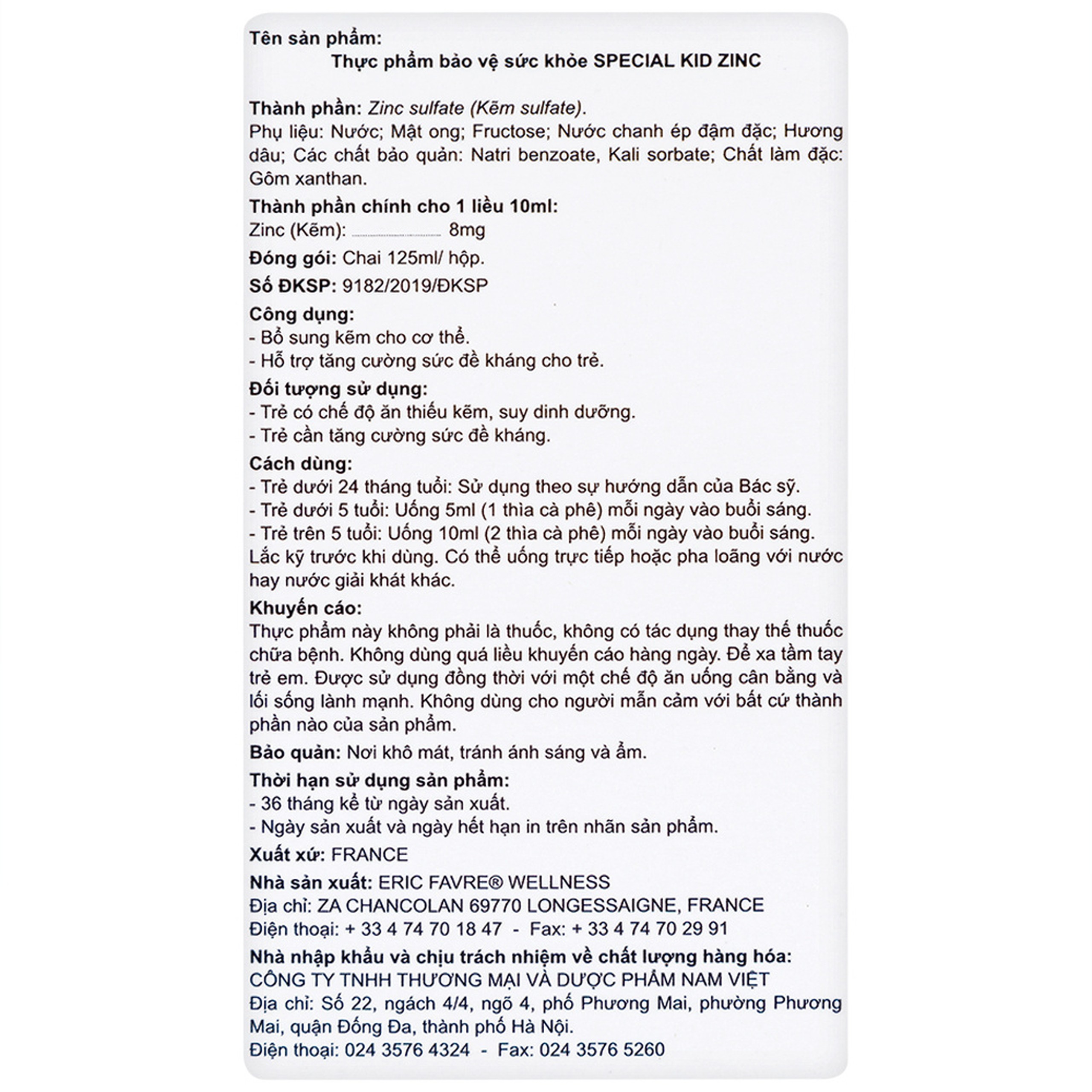 Siro Special Kid Zinc Eric Favre Wellness bổ sung kẽm, hỗ trợ tăng sức đề kháng cho trẻ (125ml)