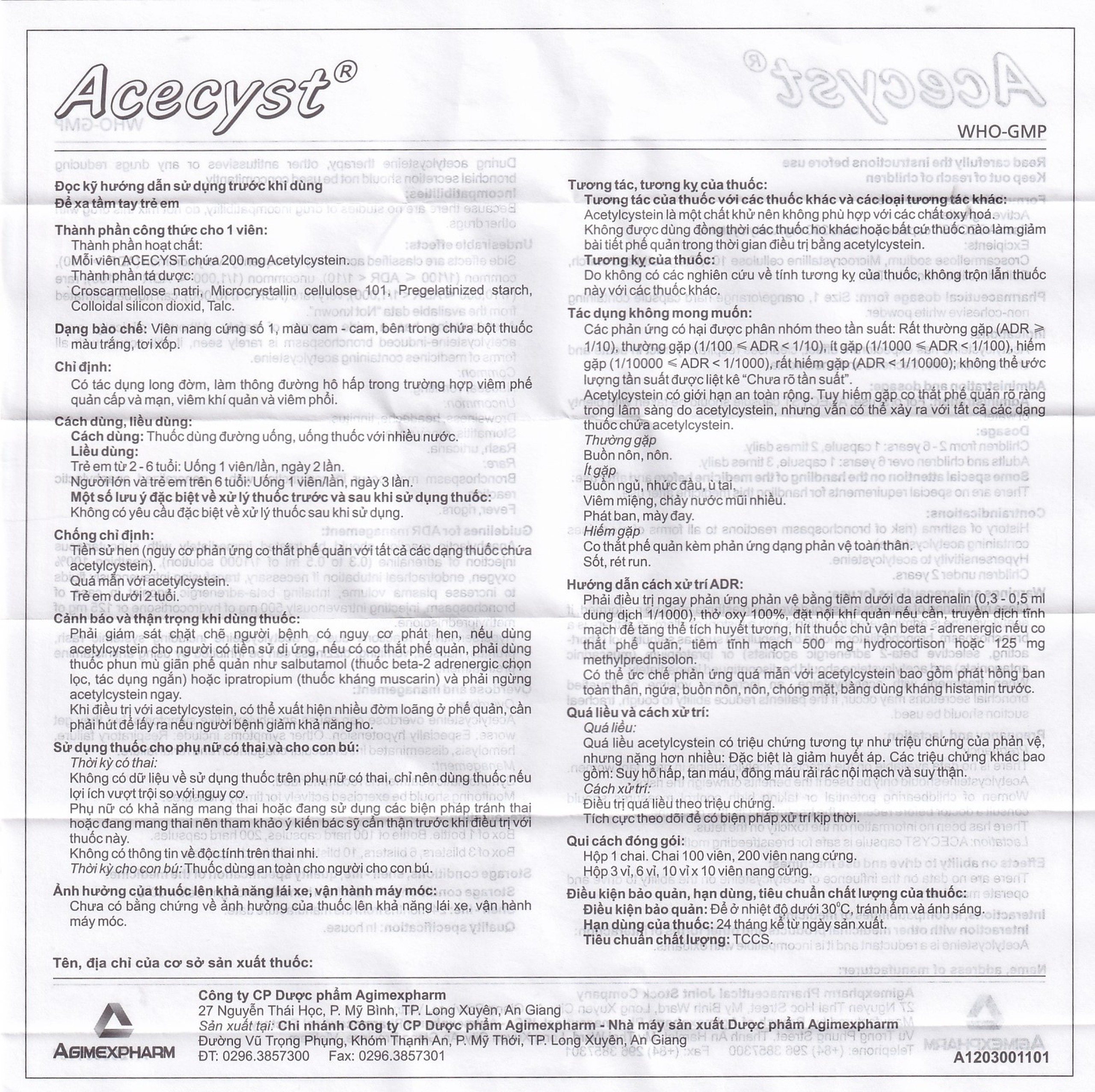 Thuốc Acecyst 200mg Agimexpharm long đờm, thông đường hô hấp trong viêm phế quản (10 vỉ x 10 viên)